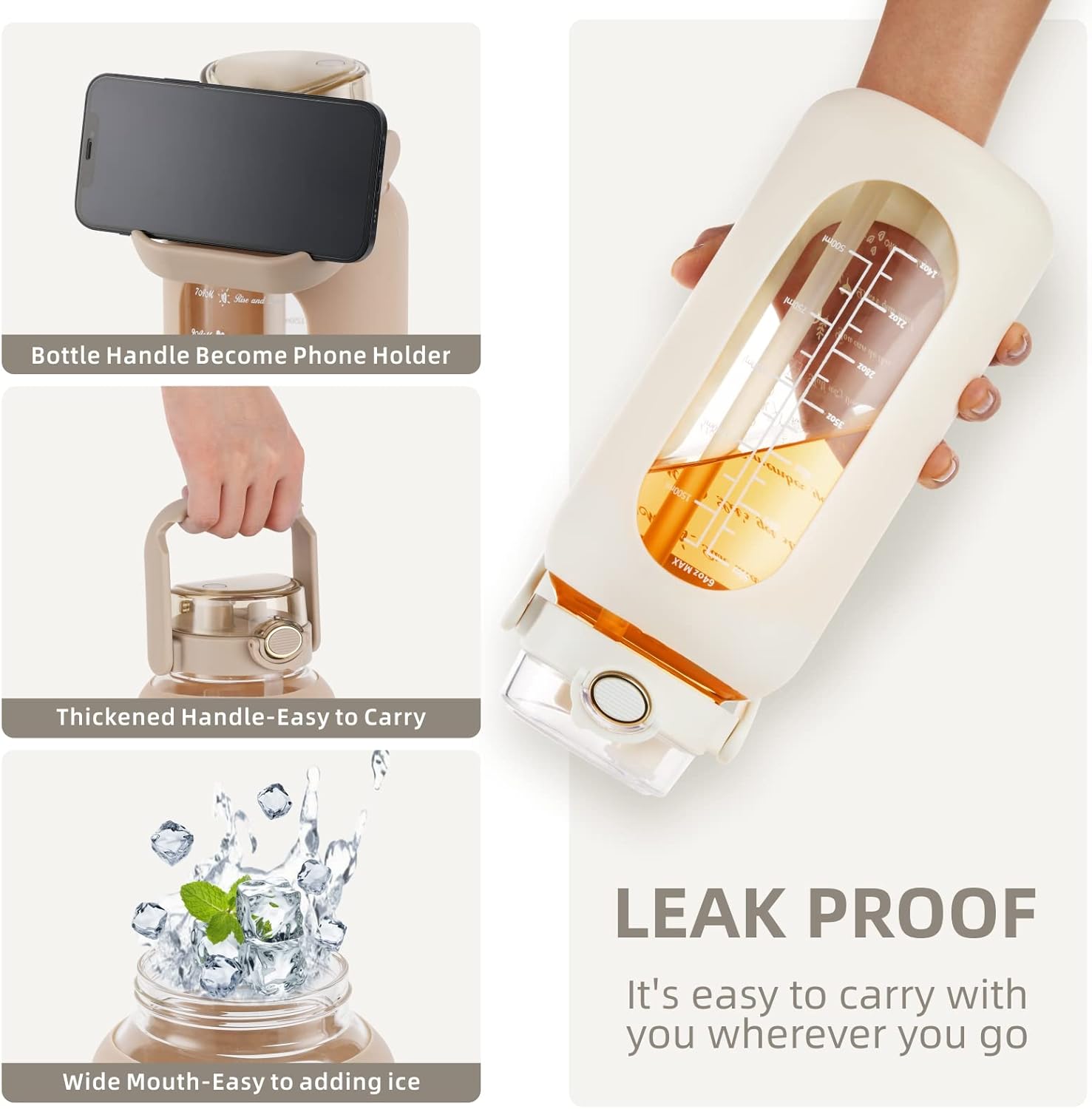 SIEROZUR Botella de agua de vidrio de 74 onzas con pajilla, botella de agua motivacional de 2.2 litros con asa y marcador de tiempo, jarra de agua