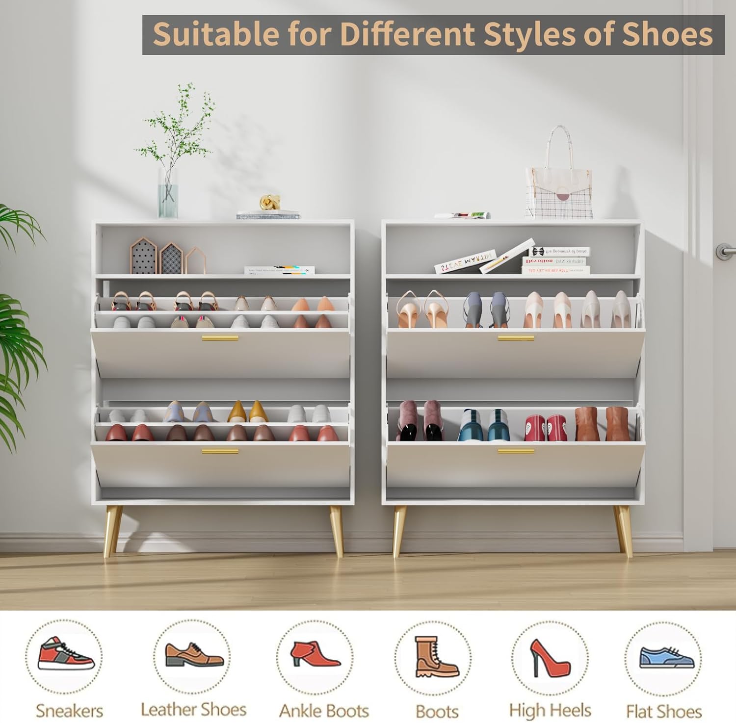 JOZZBY Armario blanco para zapatos, zapatero para entrada, armario delgado para zapatos con 2 cajones abatibles, almacenamiento oculto de zapatos,