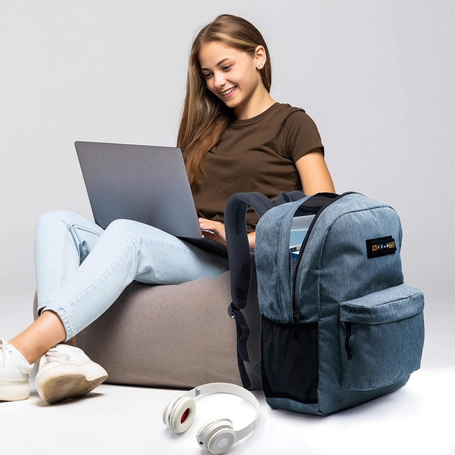 Mochila escolar, mochila ligera para laptop con puerto de carga USB, mochila para la universidad (no incluye parche de velcro), Gris (Graphite