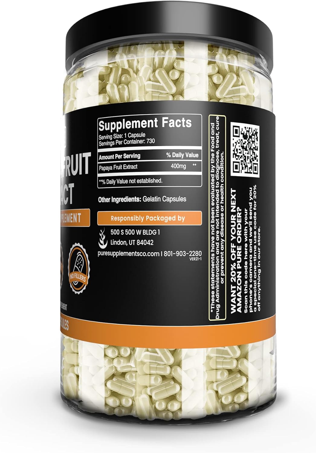 Pure Original Ingredients Extracto de papaya (730 cápsulas) sin magnesio o rellenos de arroz, siempre puro, verificado por laboratorio