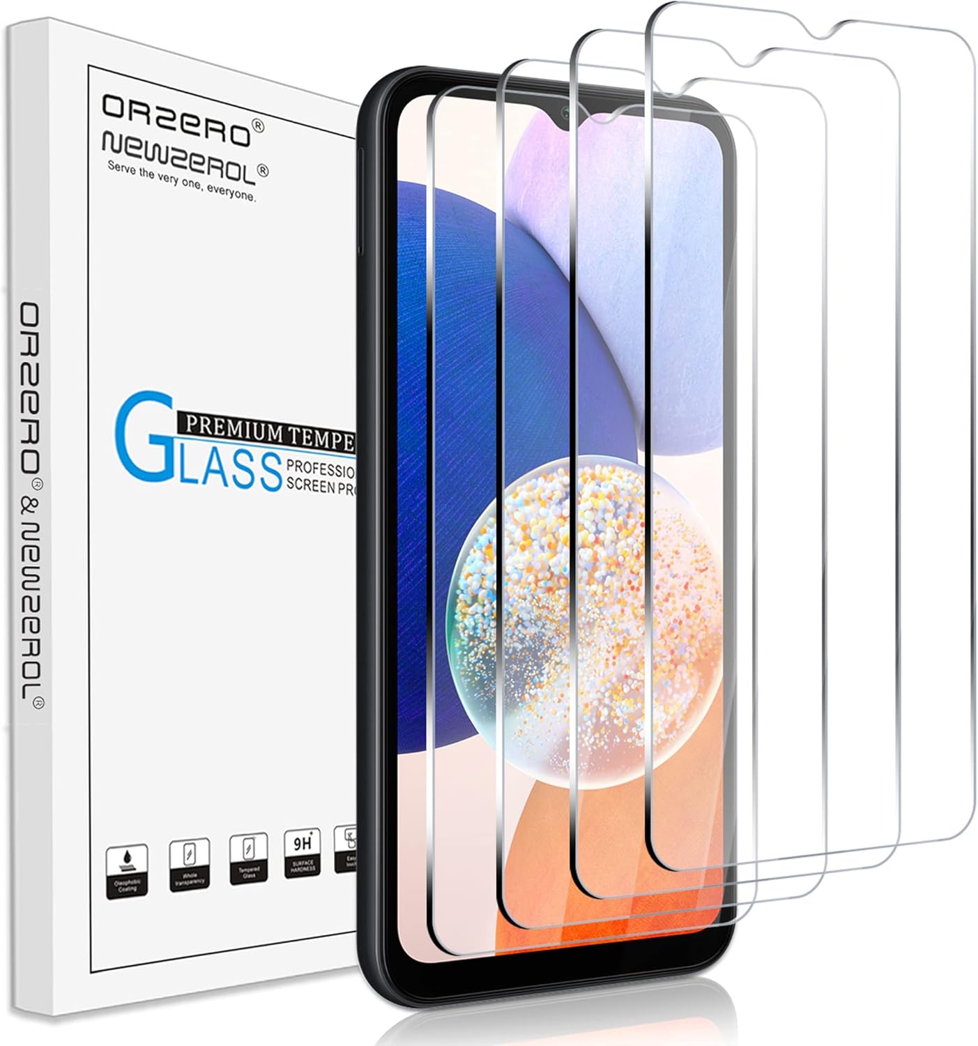 Orzero – Protector de pantalla de vidrio templado compatible con Samsung Galaxy A14 5G, bordes de arco 2.5D, 9H, antiarañazos, de alta definición,