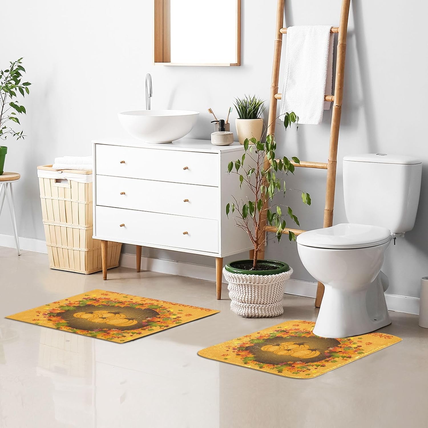 Bathroom Rugs Sets 2 Piece 24×16+24×20 Inch,Soft U-Shaped Contour Toilet Rug Happy Thanksgiving Non-Slip Absorbent Bath Floor Mat Carpet Set Water