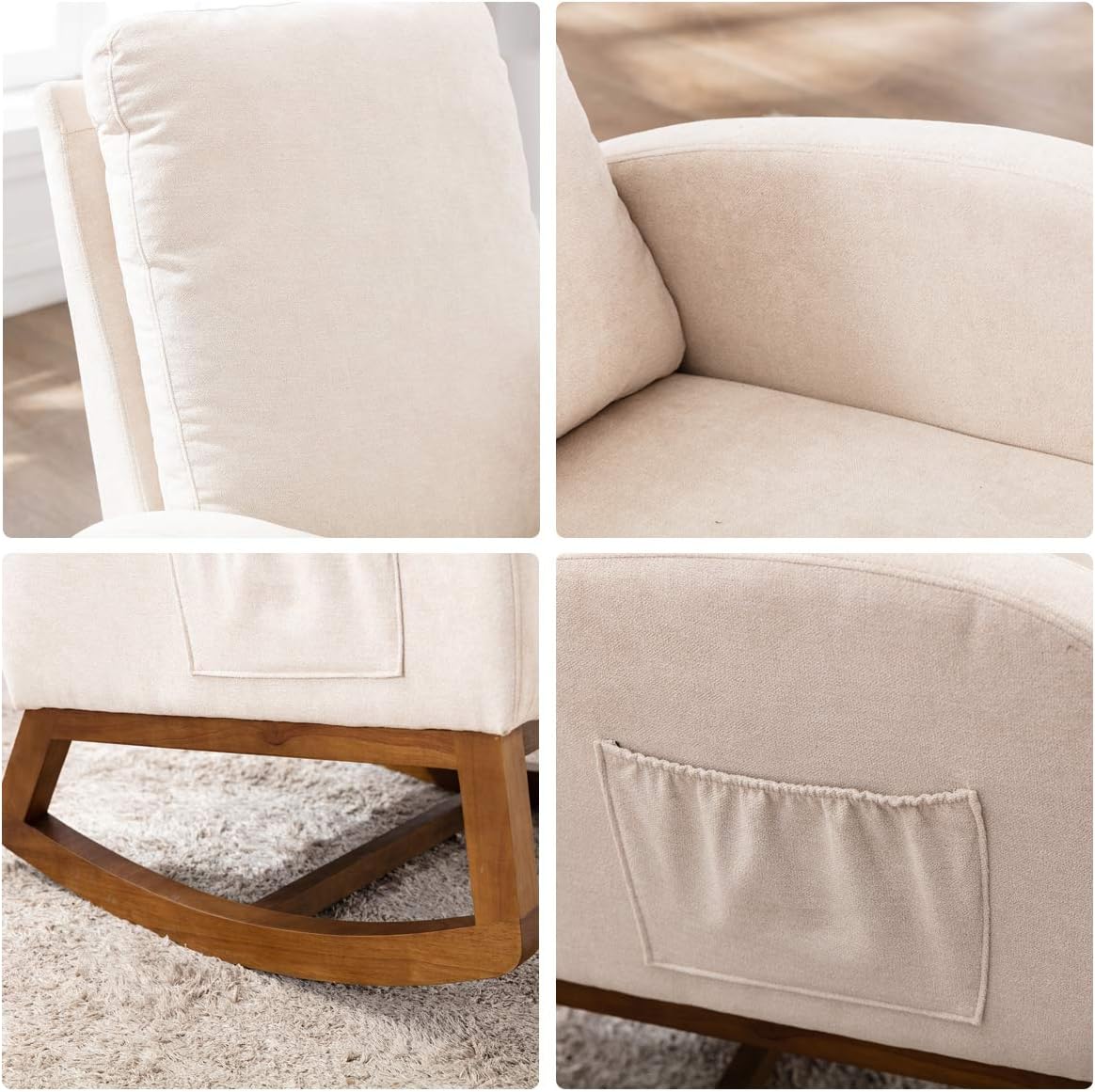 SSLine Mecedora tapizada, moderna y cómoda, de tela, para sala de estar, dormitorio, sala de estudio, silla mecedora de oficina (beige)
