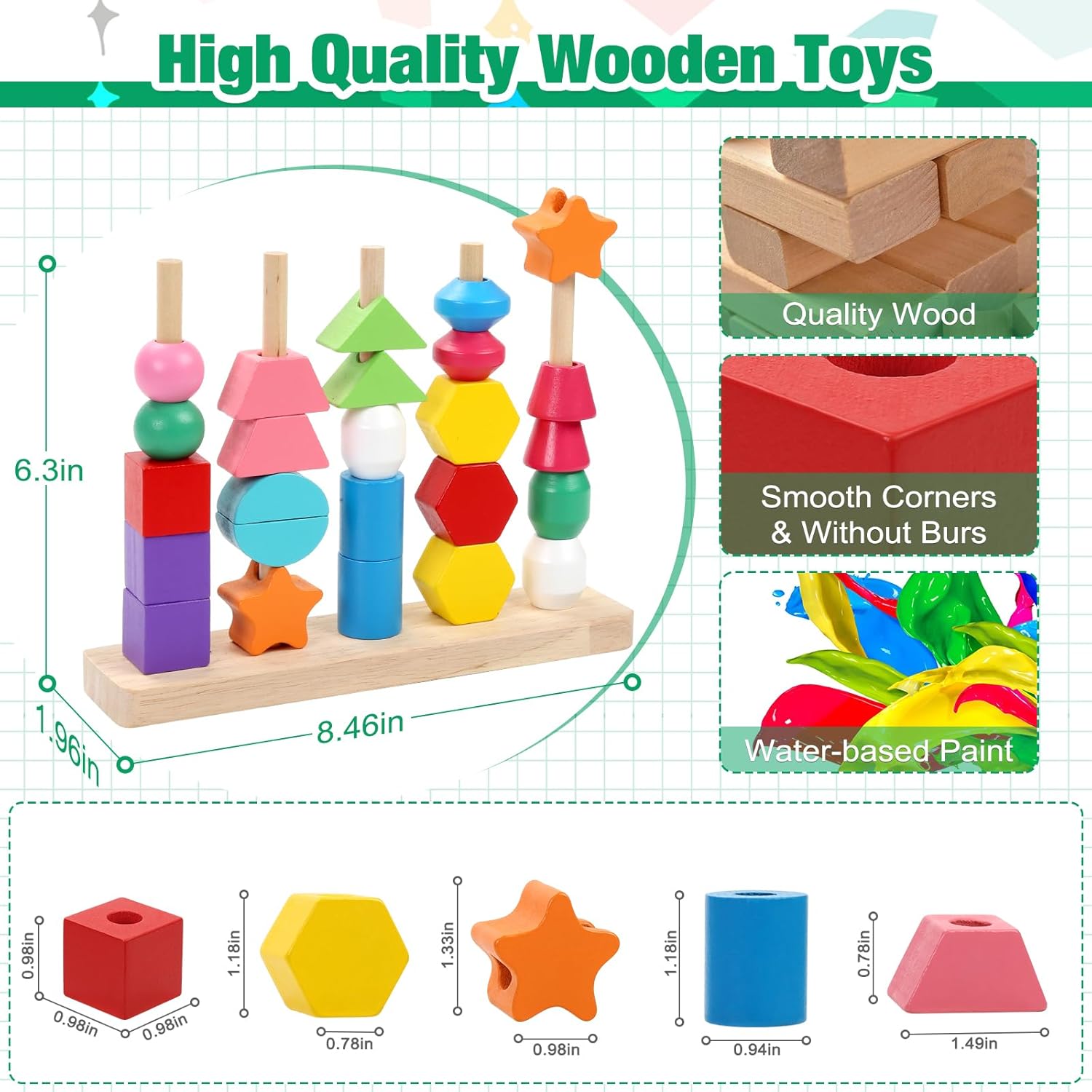 Juguetes Montessori de madera para niños pequeños, juguetes educativos de aprendizaje, bloques apilables y cuentas de cordones y apilador de formas