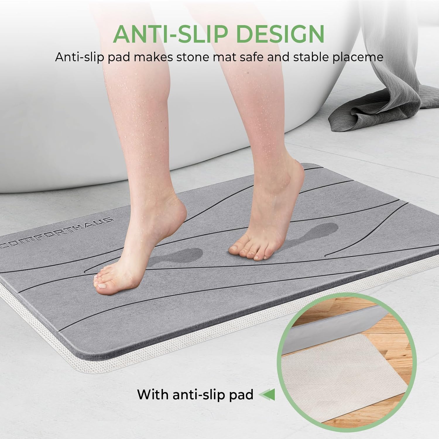 ComfortHaus Tapete de baño de piedra, piedra de tierra de diatomeas para baño, tapete de baño de secado rápido, antideslizante, súper absorbente,