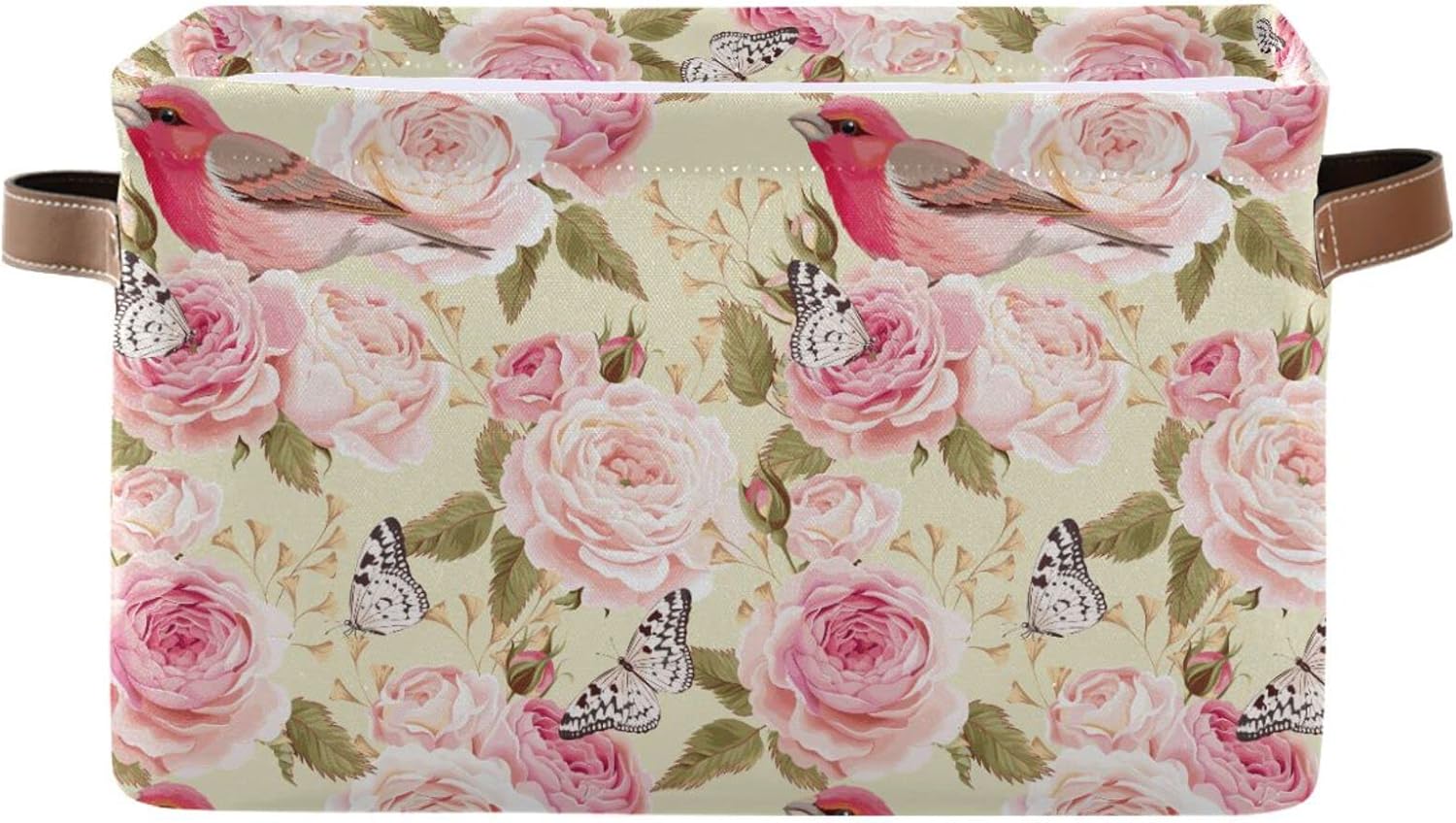 Cesta de almacenamiento con diseño floral de rosas, pájaros y melocotón, canastas plegables e impermeables para estantes con asa resistente para