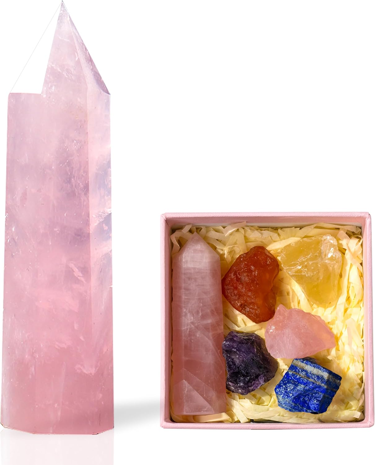 Runyangshi Torre de cristal curativo de cuarzo rosa natural de 3 pulgadas con 5 piedras crudas de cristal en bruto para Reiki Chakra Meditación