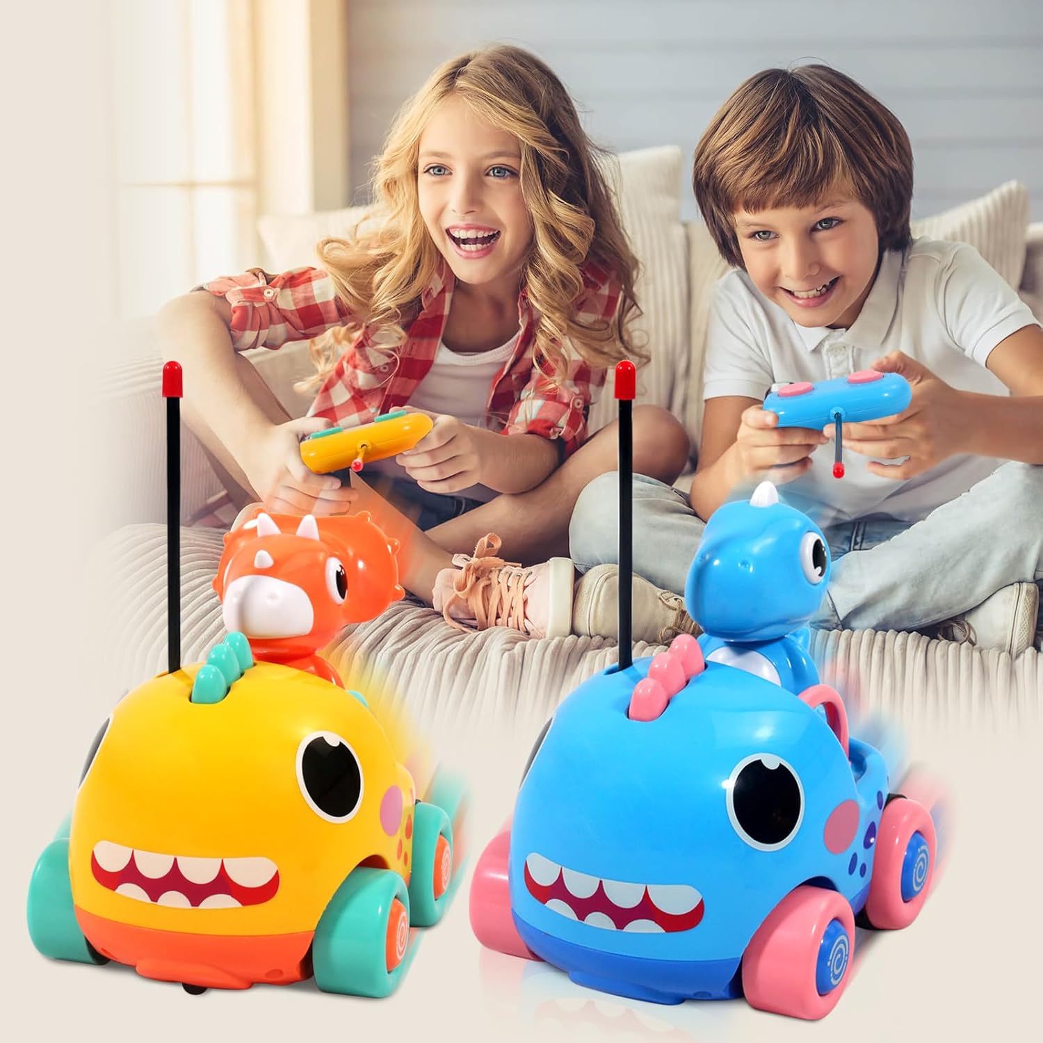 Auto de control remoto para niños pequeños, autos RC de perseguidores de dinosaurios de dibujos animados, juguetes para niños de 3 años, juguetes de