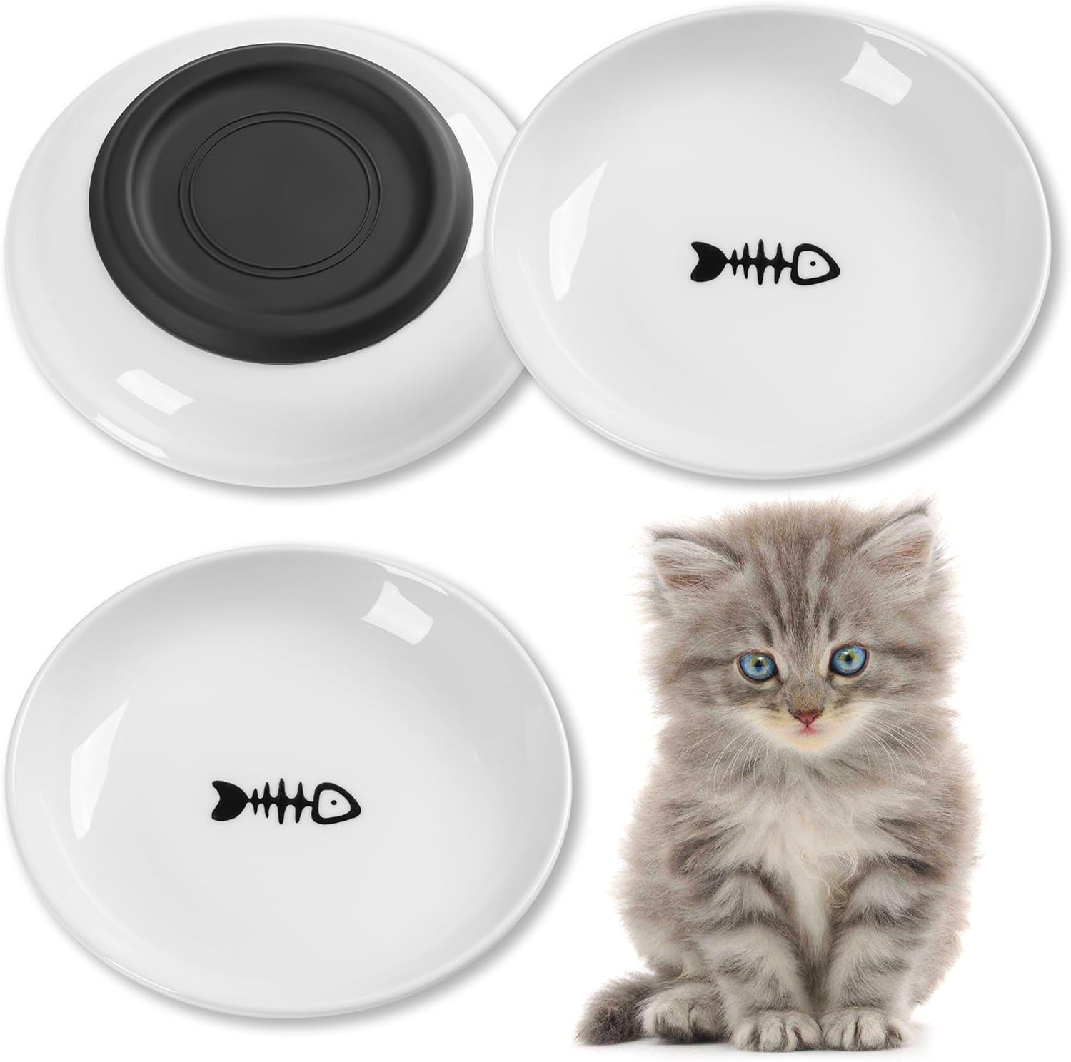 Cuencos de comida para gatos, cuencos de cerámica para gatos con parte inferior de silicona antideslizante, paquete de 3 platos silenciosos para