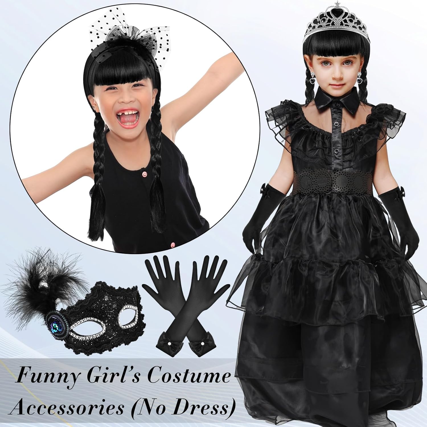Yuxung Disfraz de peluca negra para niñas, disfraces de Halloween para niños y niñas, conjunto de accesorios de disfraz negro para niños (elegante)
