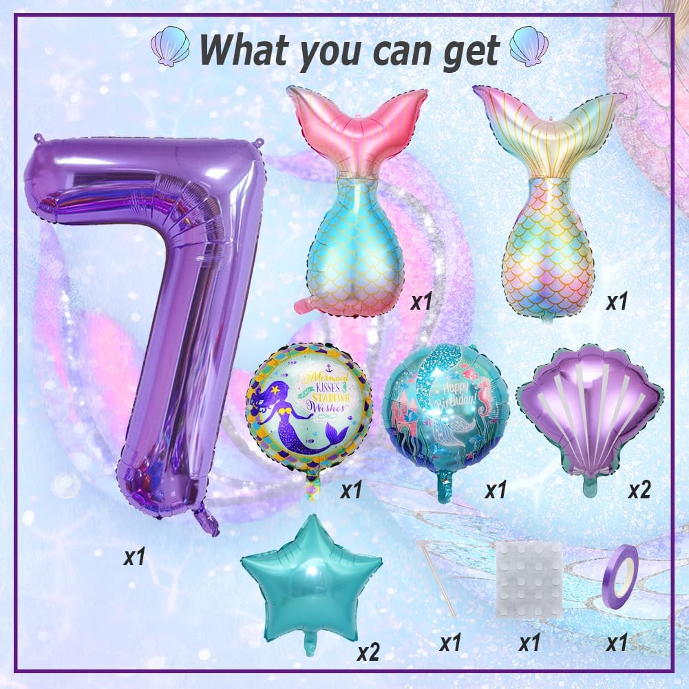 9 piezas de decoraciones de cumpleaños de sirena para niñas, el kit de suministros de fiesta de sirena incluye taid de sirena, globo número 7,