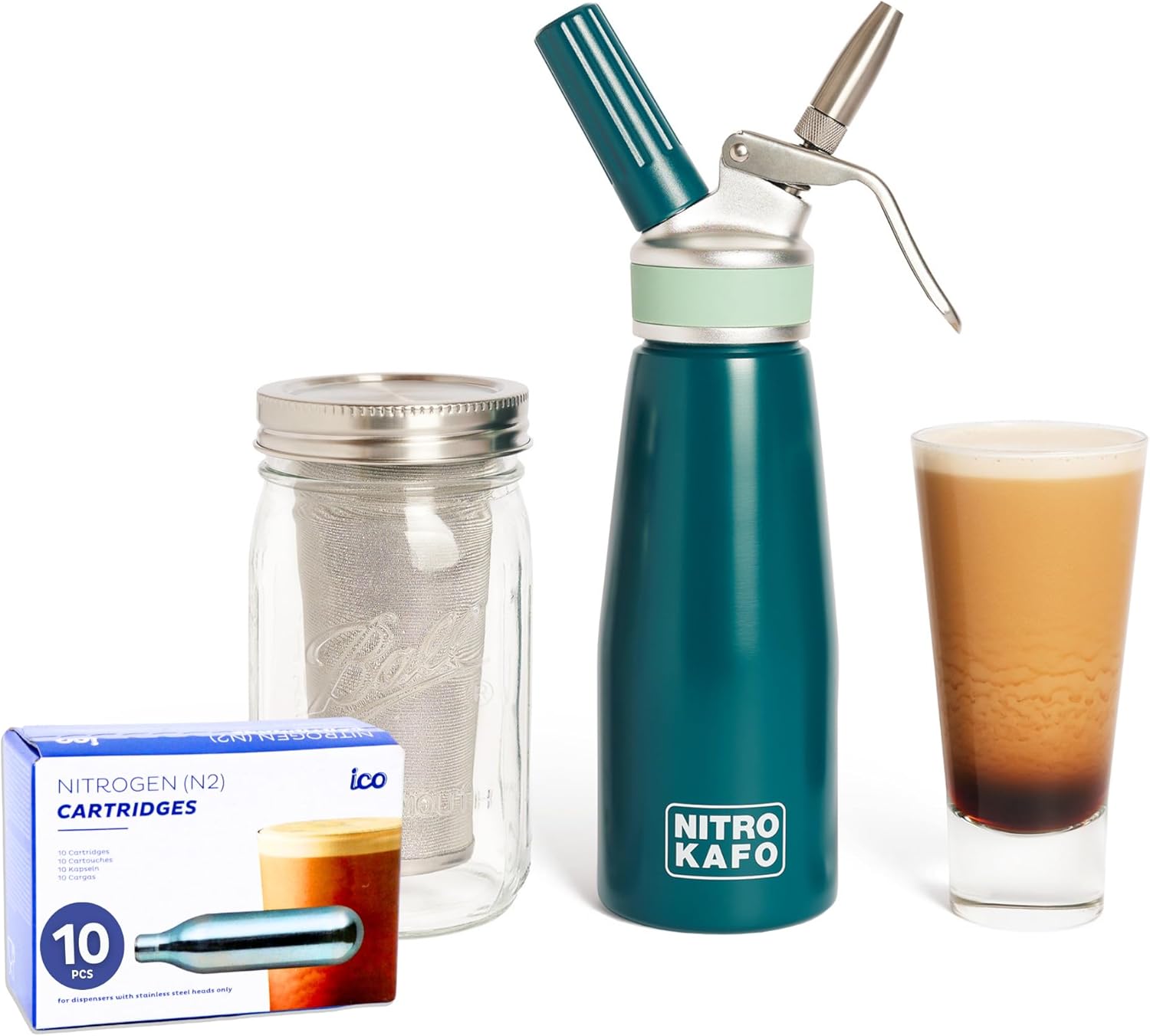 NITRO KAFO – Cafetera Nitro de 0.5 L, cafetera nitro de aluminio con boquilla especial de difusor de nitro y cafetera fría con tarro Mason de