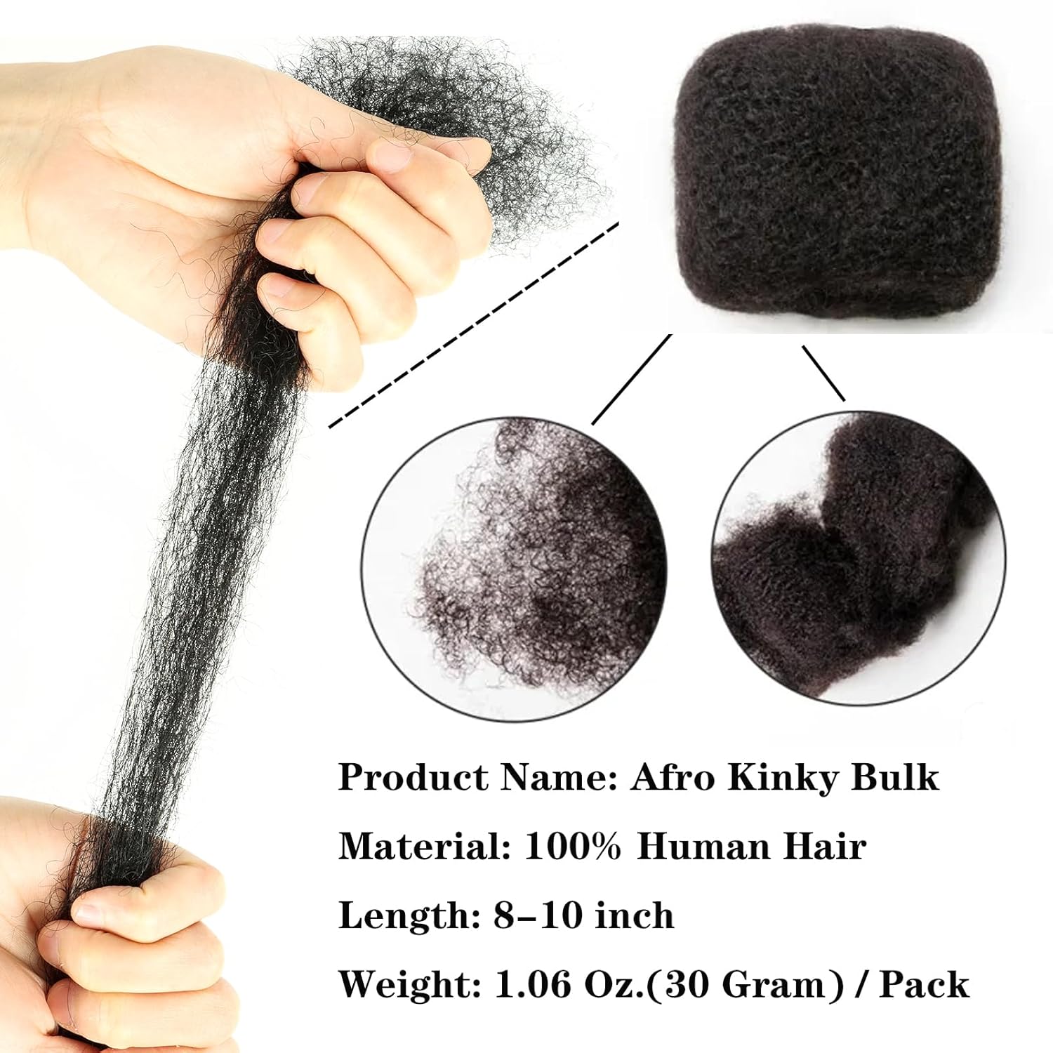 Afro Kinkys – Extensiones de cabello humano a granel para extensiones de rastas de 8 pulgadas, 1.06 oz, color negro natural, cabello humano trenzado