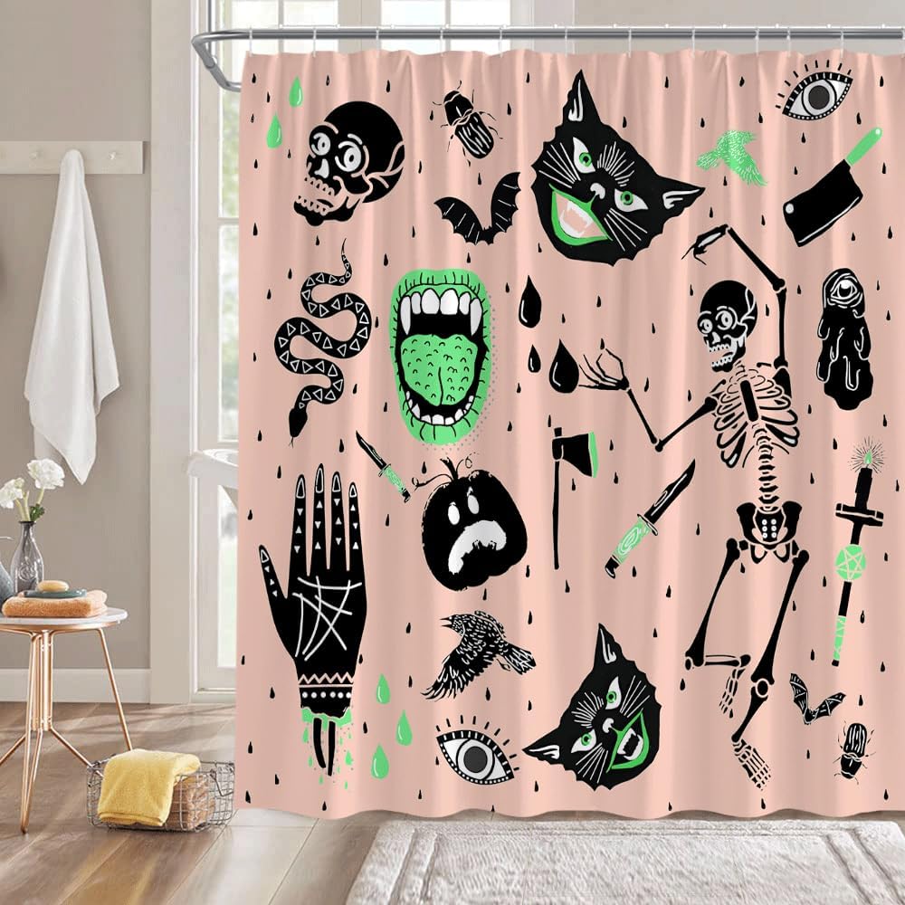 GCTNBJL Cortina de ducha de Halloween, espeluznante alquimia, calavera, esqueleto, gato, calabaza, quiromancia, gótica, bohemia, tablero mágico de