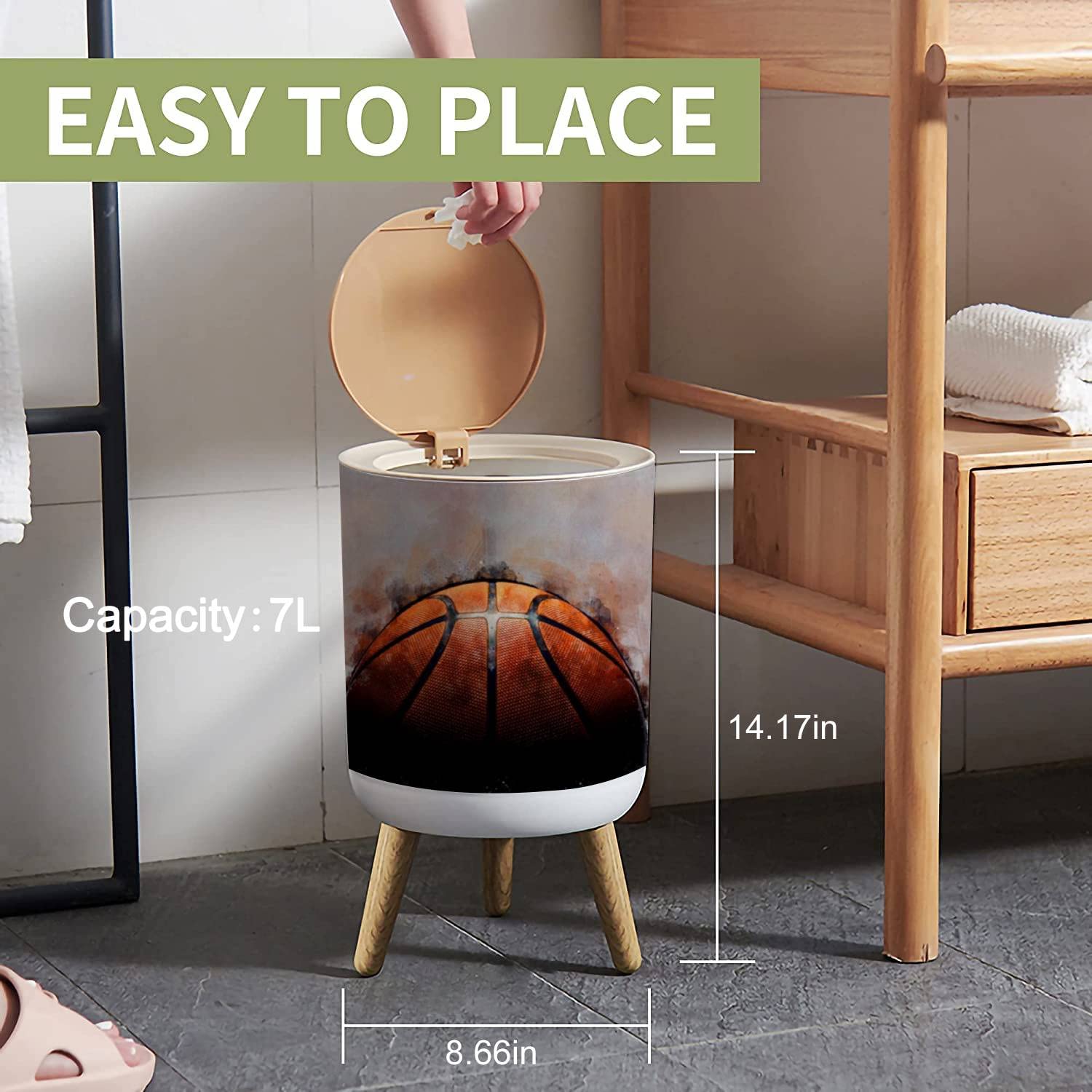 Cubo de basura rústico de acuarela para habitación de niños, pequeño, con temática deportiva, con tapa de prensa, papelera a prueba de perros, para