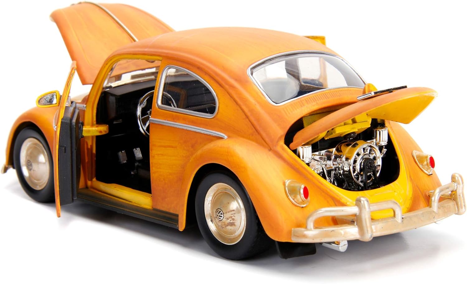 Jada Toys 253115000 Transformers Bumblebee VW Beetle Coche de juguete de fundido, puertas abiertas, bota y capó, figura de Charlie, escala 124,