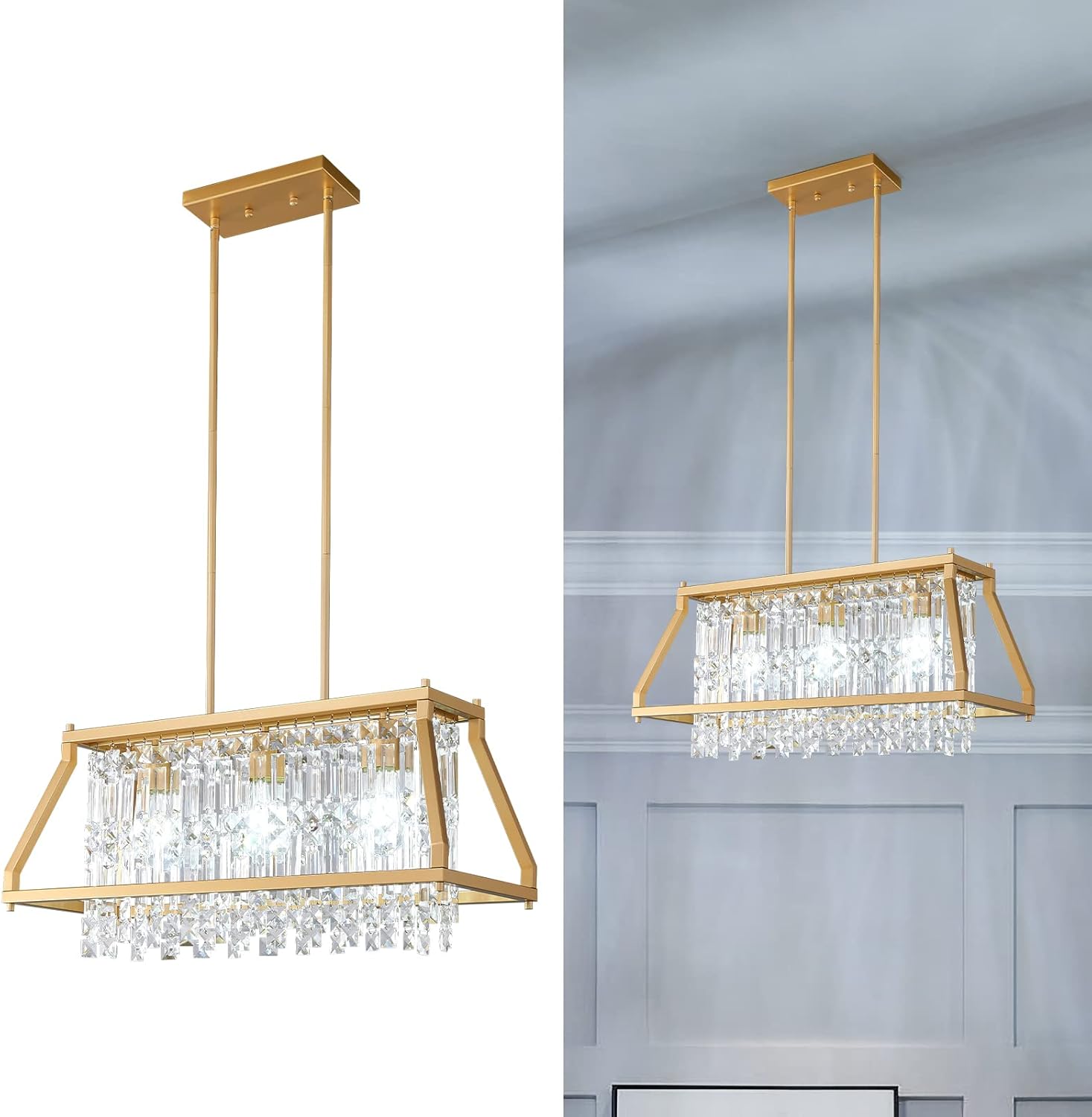 LMQNINE Lámpara colgante de cristal de metal dorado para cocina, isla de comedor, sala de estar, techo plano e inclinado (rectangular, 25.98