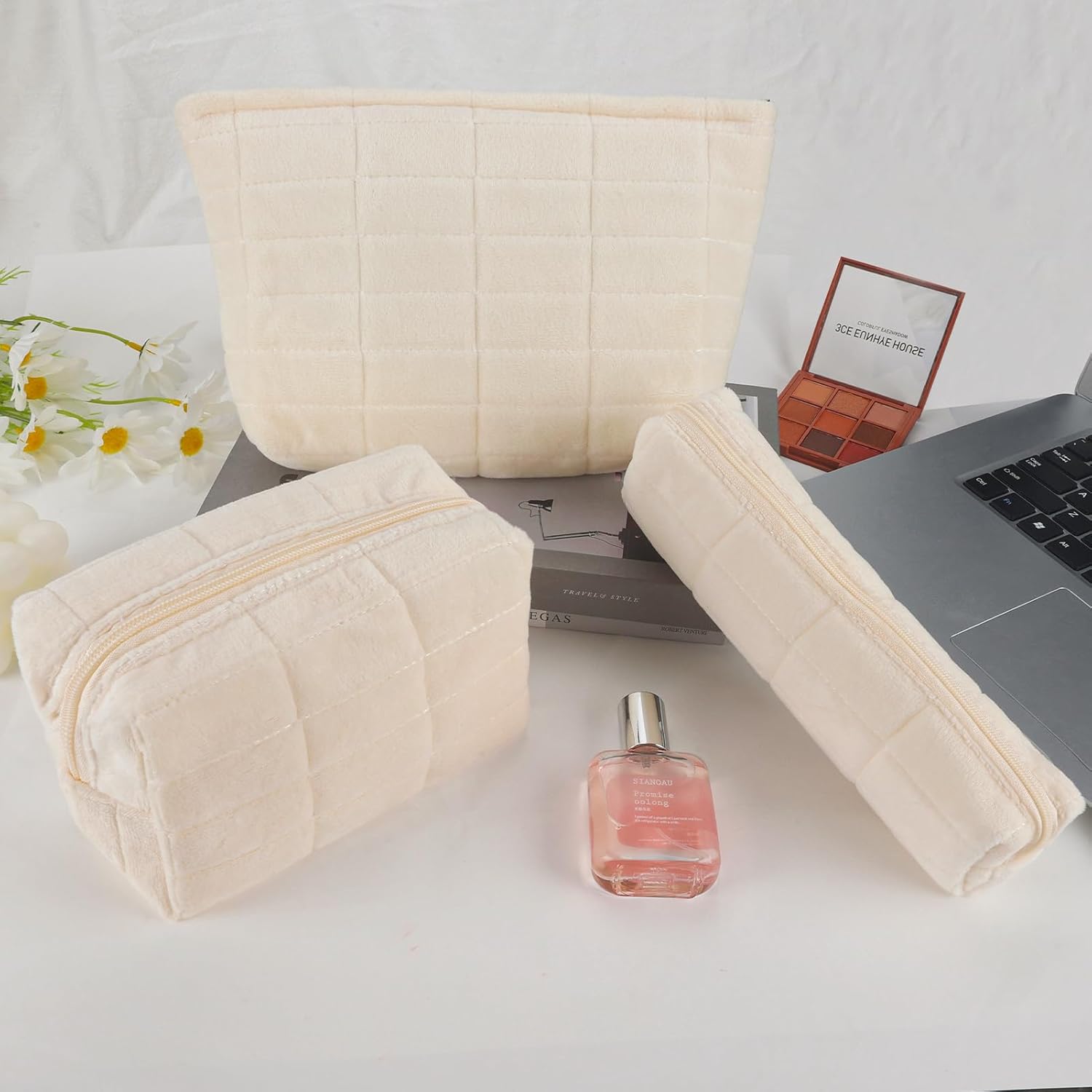 Bolsa de maquillaje de felpa, 2 piezas, bolsa de cosméticos a cuadros, bolsa de maquillaje grande y pequeña para bolso, bolsa de maquillaje linda
