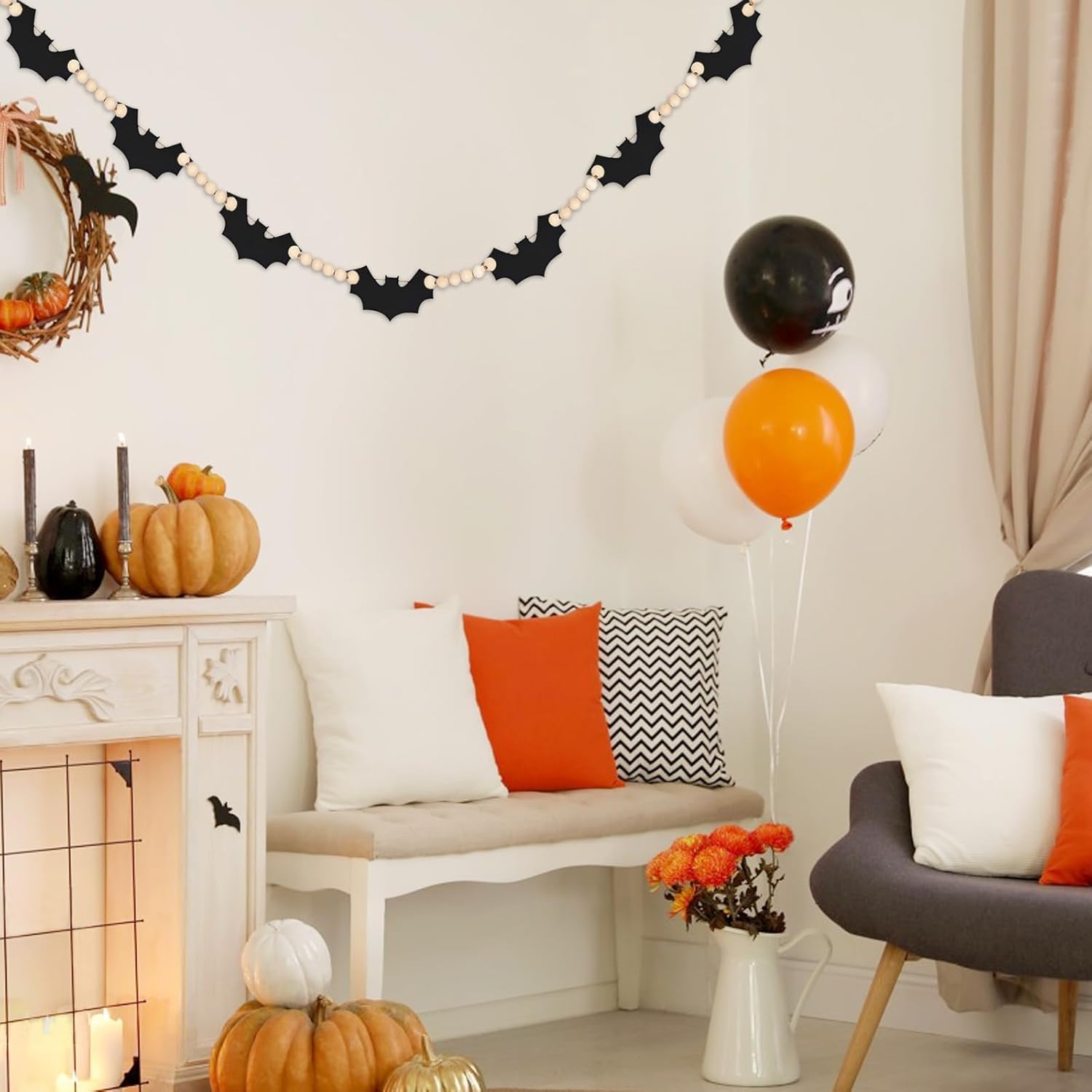 Guirnalda de 2 piezas de Halloween, madera de Halloween, murciélagos de fieltro de Halloween, guirnalda de cuentas para decoración de Halloween,