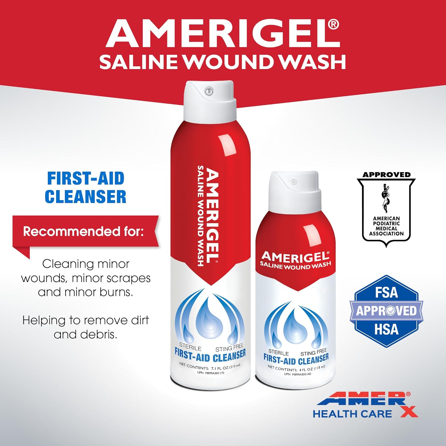 AMERIGEL – Lavado de heridas salino – Solución limpiadora de primeros auxilios – Cuidado avanzado de la piel y heridas – 4 onzas líquidas