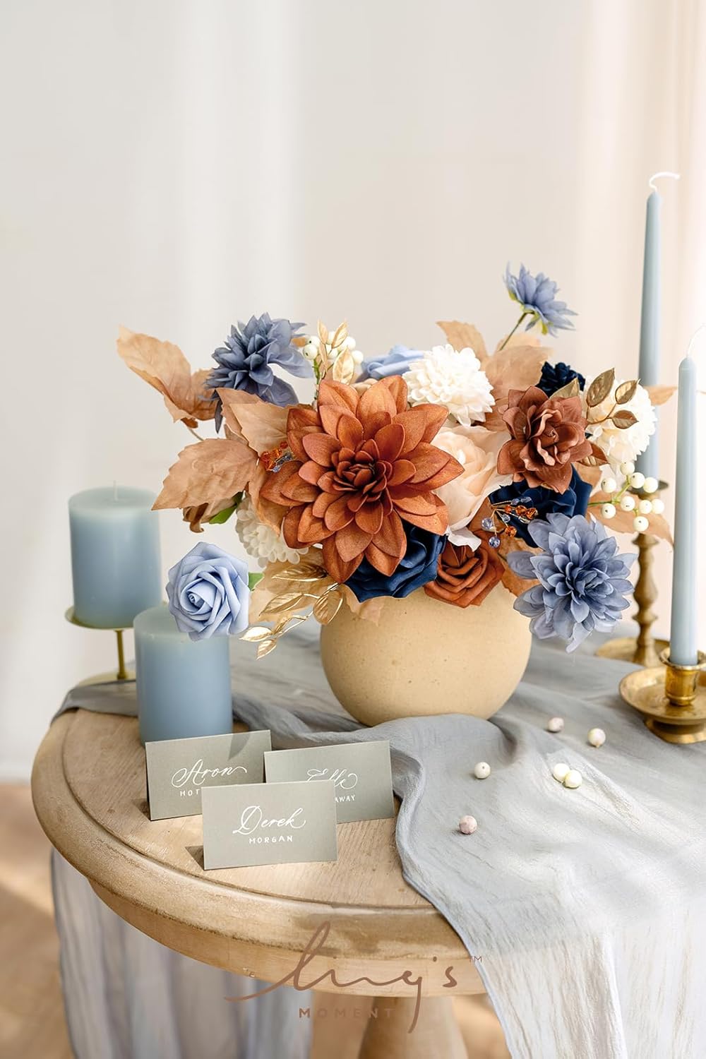 Ling’s Moment Juego de cajas combinadas de flores artificiales de color naranja quemado y azul marino, flores falsas de terracota para ramo de novia