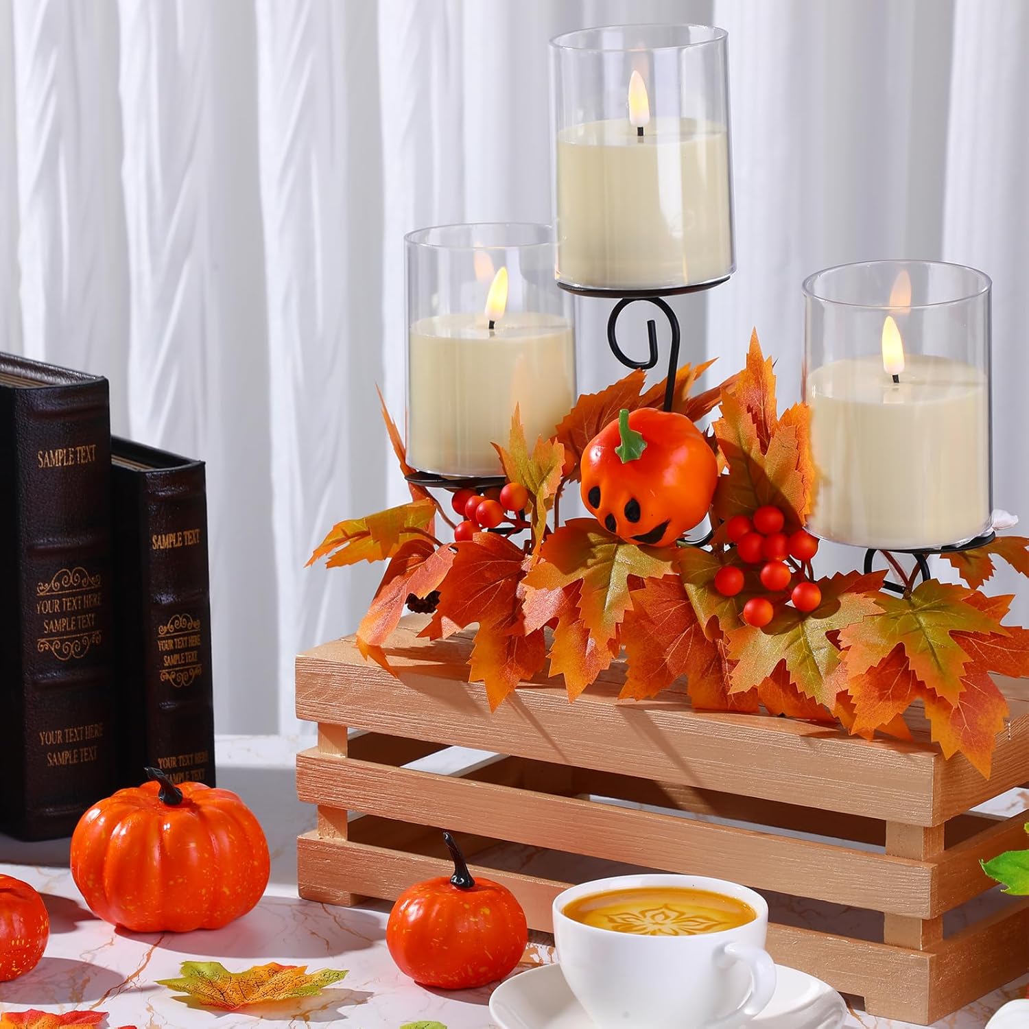 Mifoci Centros de mesa de Acción de Gracias con 3 portavelas de hojas de arce otoñales con 3 velas LED y 1 tira de luces para decoración del hogar