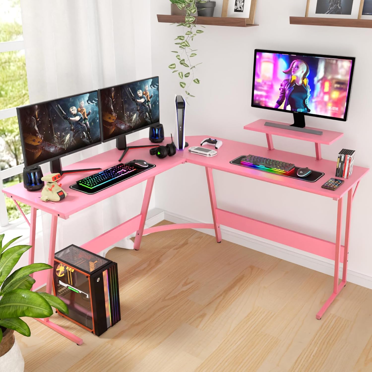 BLKMTY Escritorio en forma de L para juegos de PC, escritorio para computadora con soporte para monitor, escritorio grande para estudiar, mesa