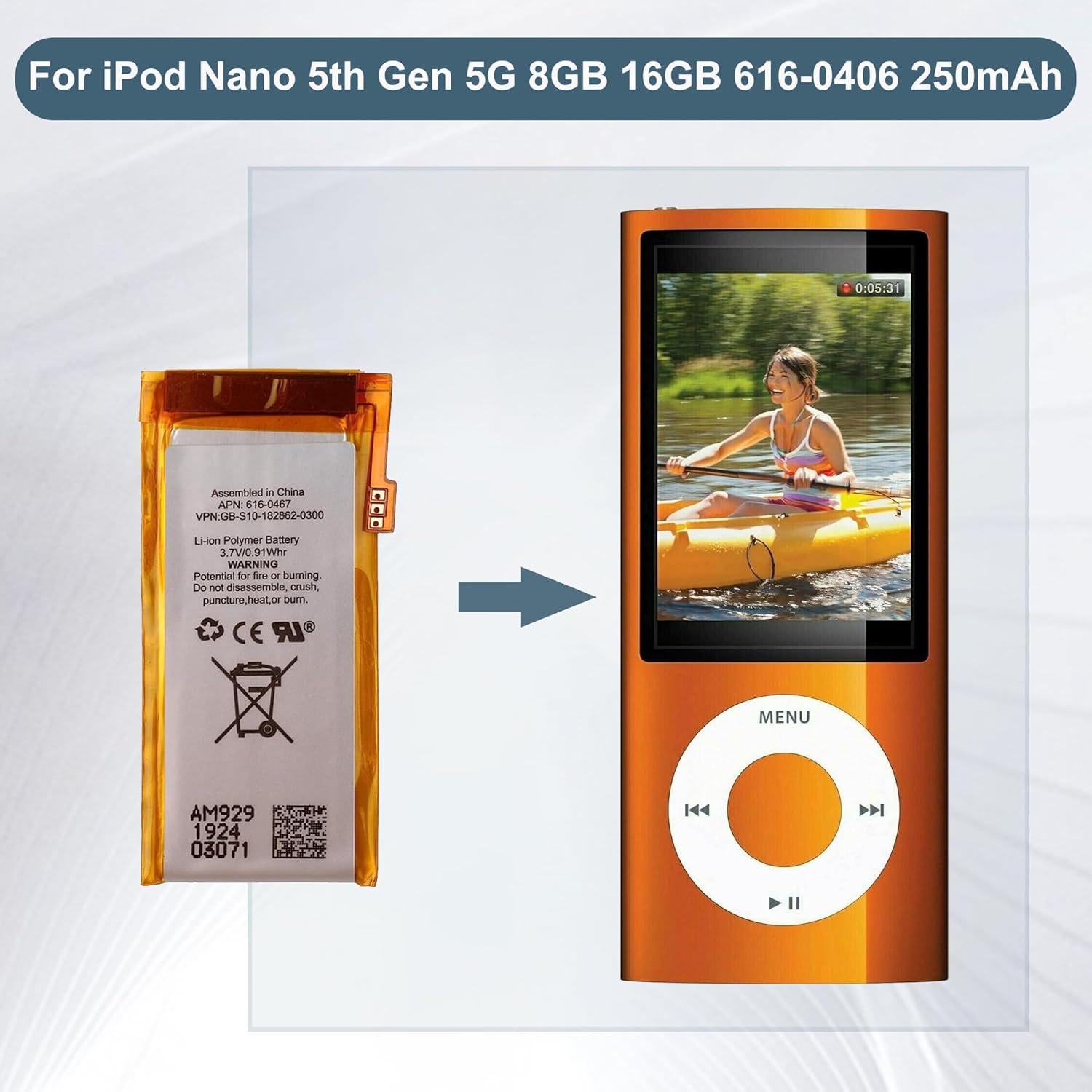 Batería de repuesto 616-0406 compatible con iPod Nano 5 generación 5G 8GB 16GB 616-0406 250mAh A1320 con herramientas