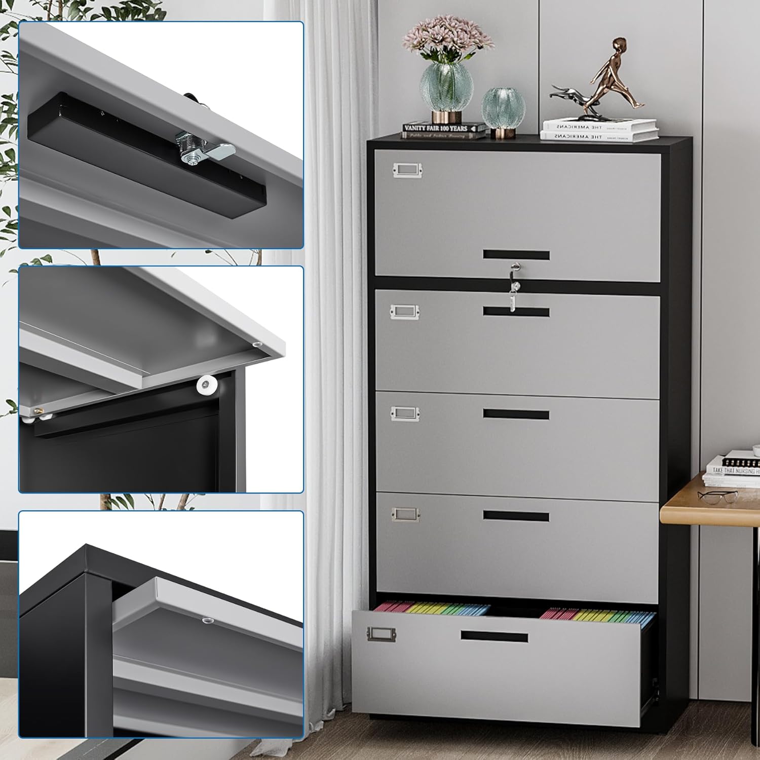 BYNSOE Archivador lateral con 4 cajones y 1 compartimento de almacenamiento, archivador de metal con cerradura, archivador de oficina para el hogar,