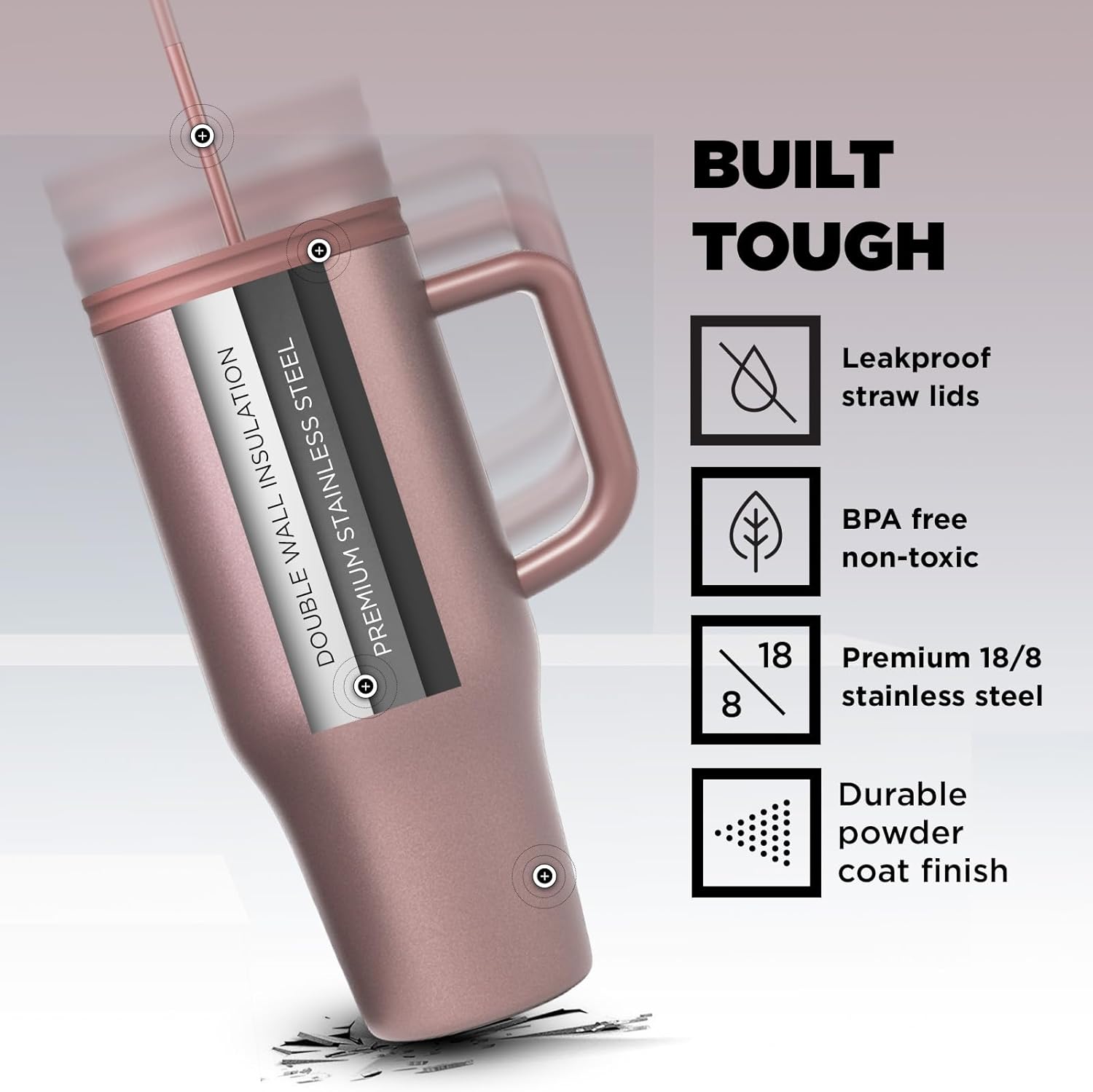 IRON FLASK Co-Pilot – Vaso aislado con popote y tapas abatibles, botella portavasos, para bebidas calientes y frías, a prueba de fugas, agua, taza