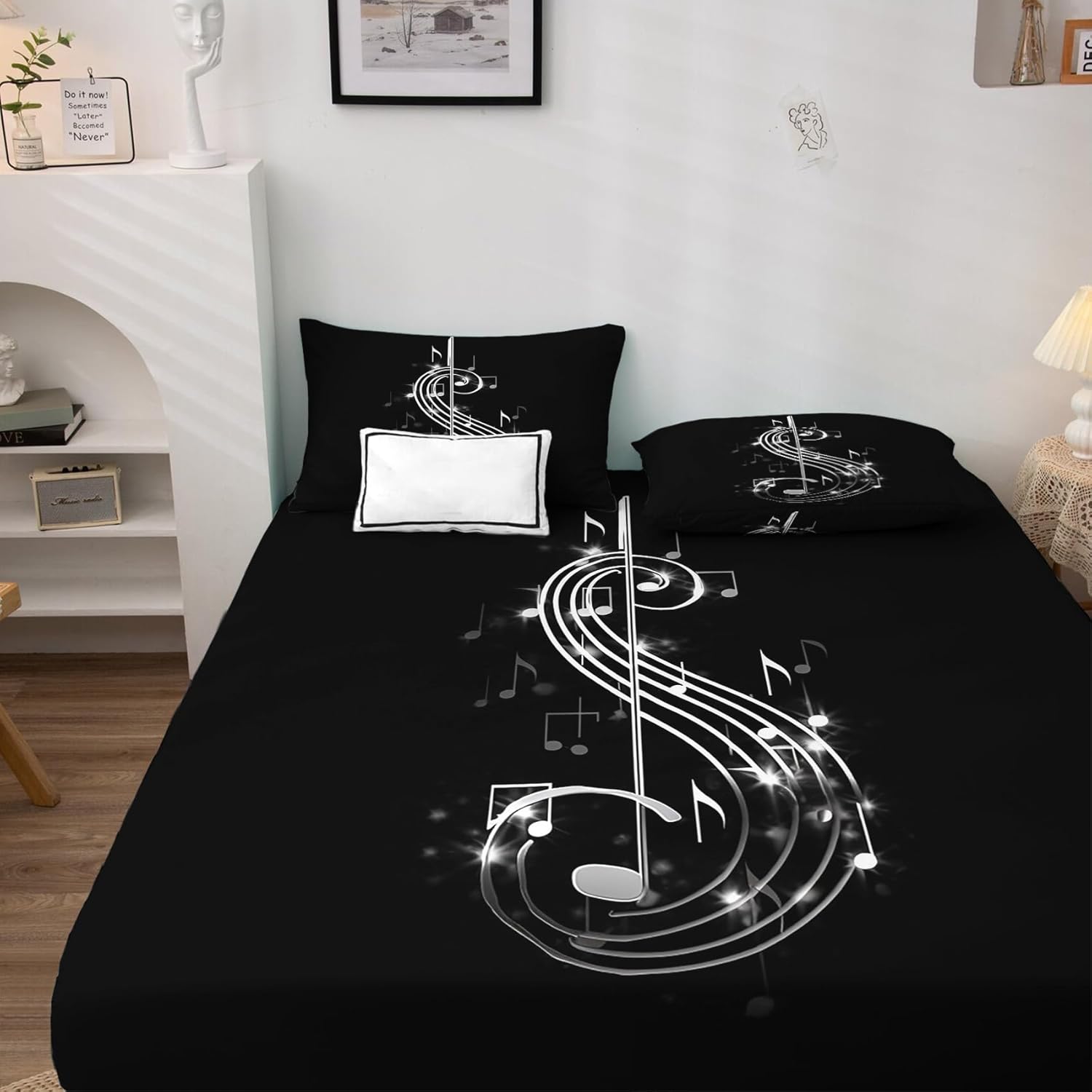 Sábanas musicales tamaño Queen, sábanas de cama con notas musicales, sábanas y fundas de almohada estampadas, juego de 4 piezas, sábana bajera