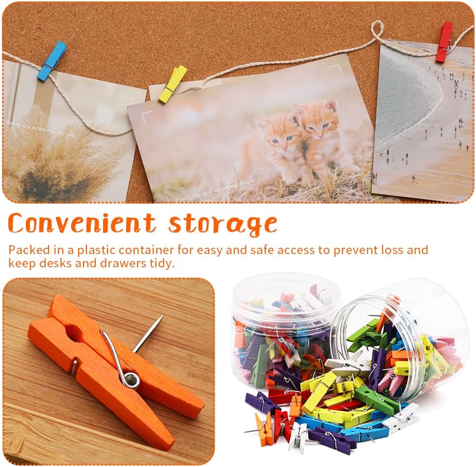 Pinzas de empuje coloridas, tachuelas para el pulgar con clips de madera, 100 pines para tablero de corcho, decoraciones de tablones de anuncios,