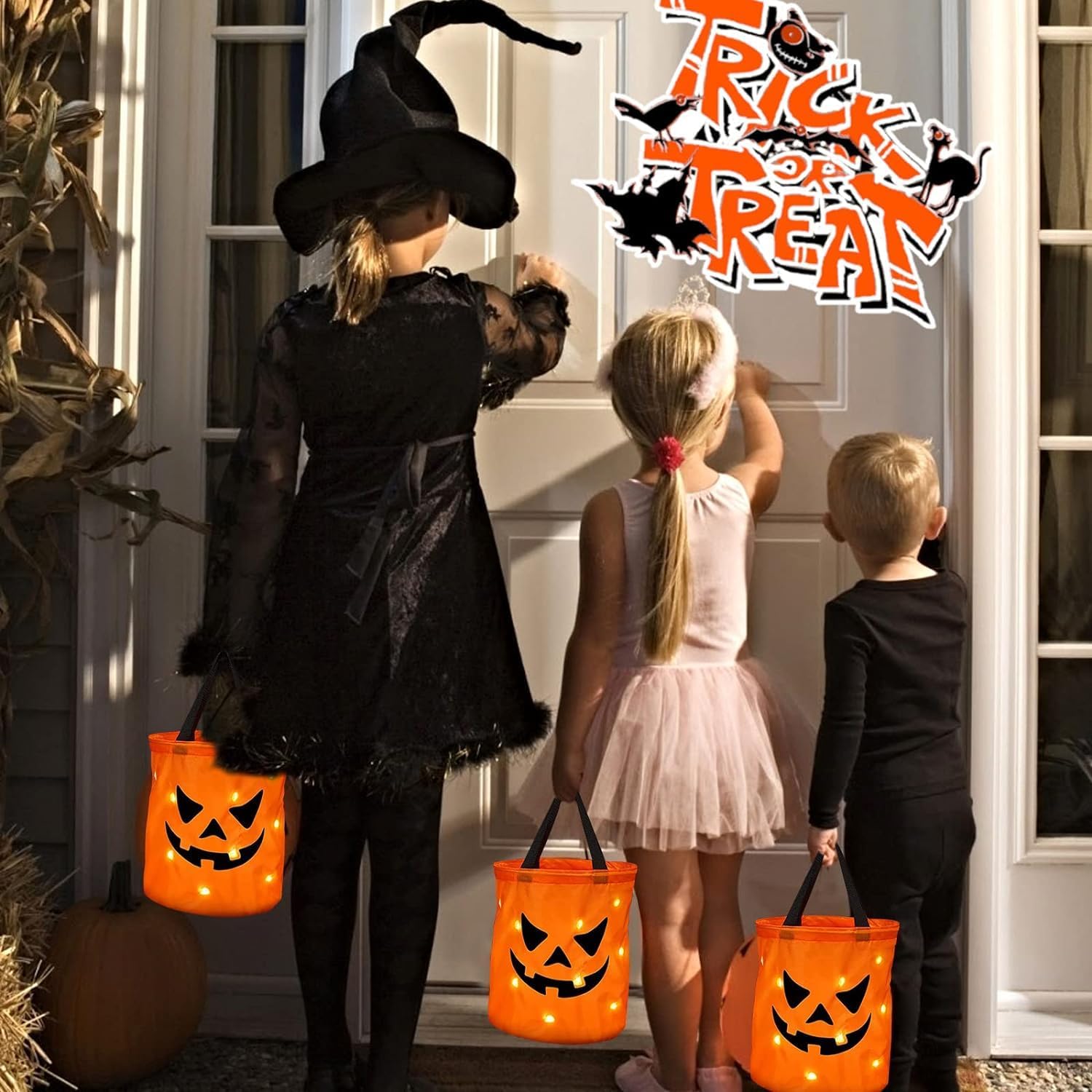 Bolsas de dulces de Halloween con luz LED para niños y adultos, cubo multiusos de Halloween para dulce o truco con cara sonriente de calabaza para