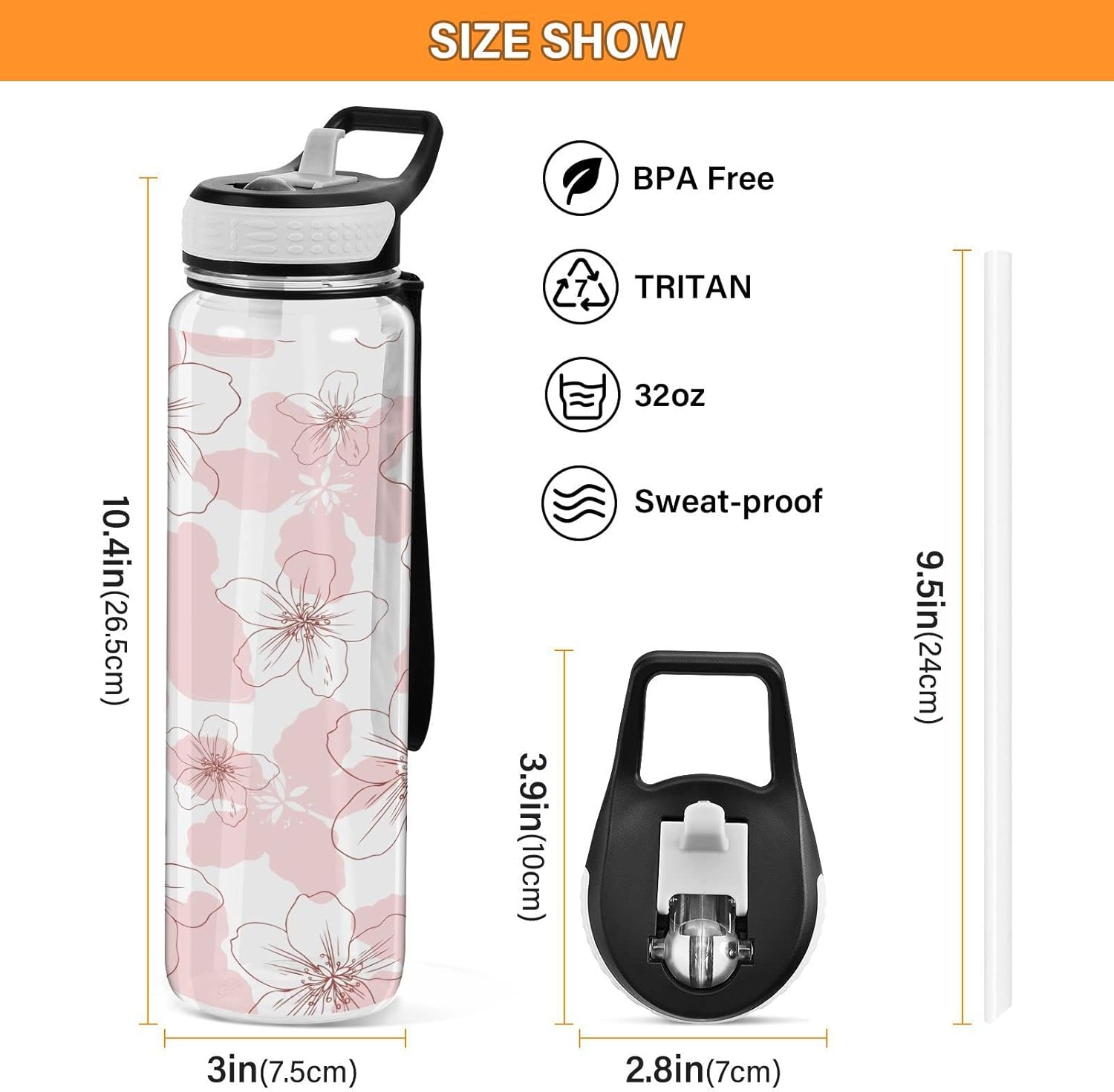 Burbuja Pink Flowers – Botella de agua de 32 onzas con tapa con popote, a prueba de fugas y sin BPA, botella de Tritan para gimnasio, fitness,