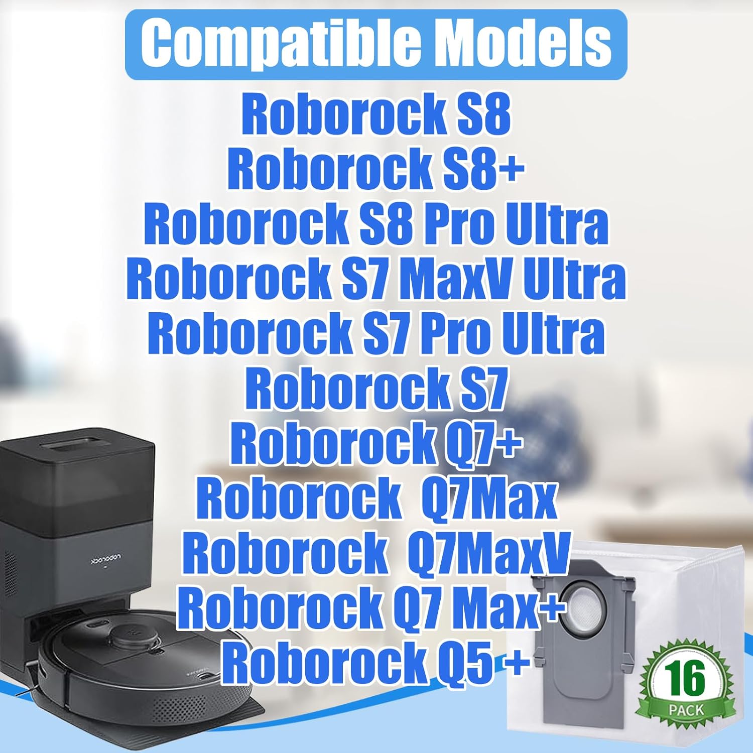 Paquete de 16 bolsas de polvo desechables para roborock Q5 Q5+ Q7 Q7+ Q7 Max Q7 Max+ S7 MaxV Ultra S8+ S8 Pro Ultra, bolsas Roborock Q5 repuesto de