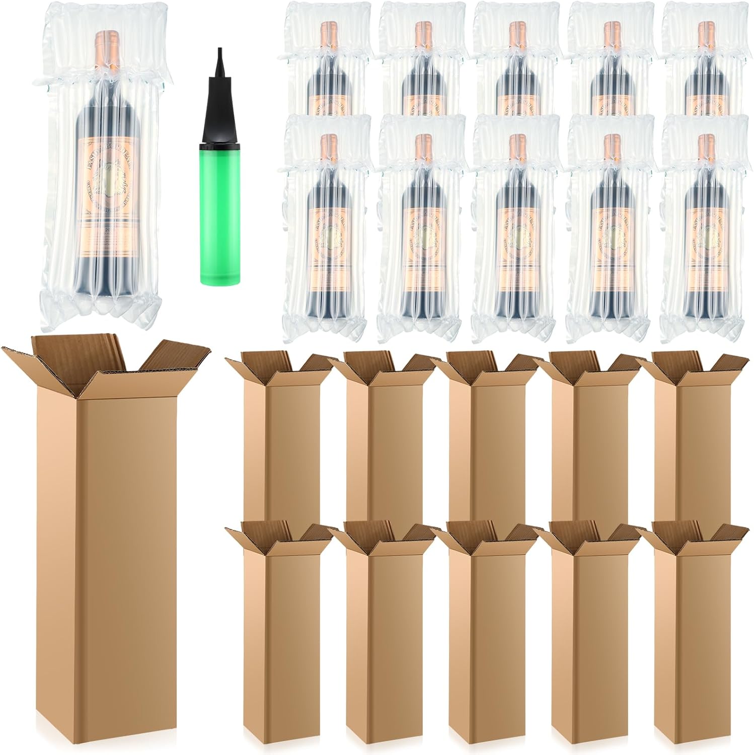 Juego de 10 bolsas protectoras de viaje para botellas de vino con caja de envío de vino, bolsas de vino inflables para viajes, columna de aire,