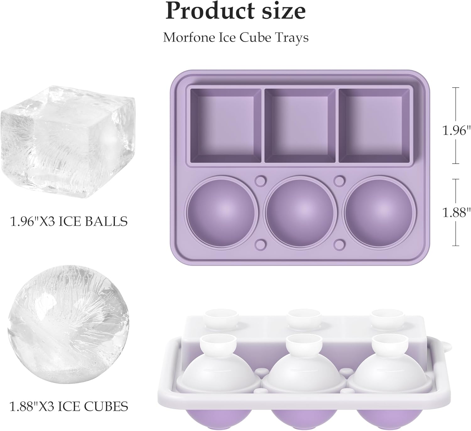 Morfone – Bandejas para cubitos de hielo, 3 unidades, moldes redondos de silicona para bolas de hielo y moldes cuadrados grandes con tapas, diseño