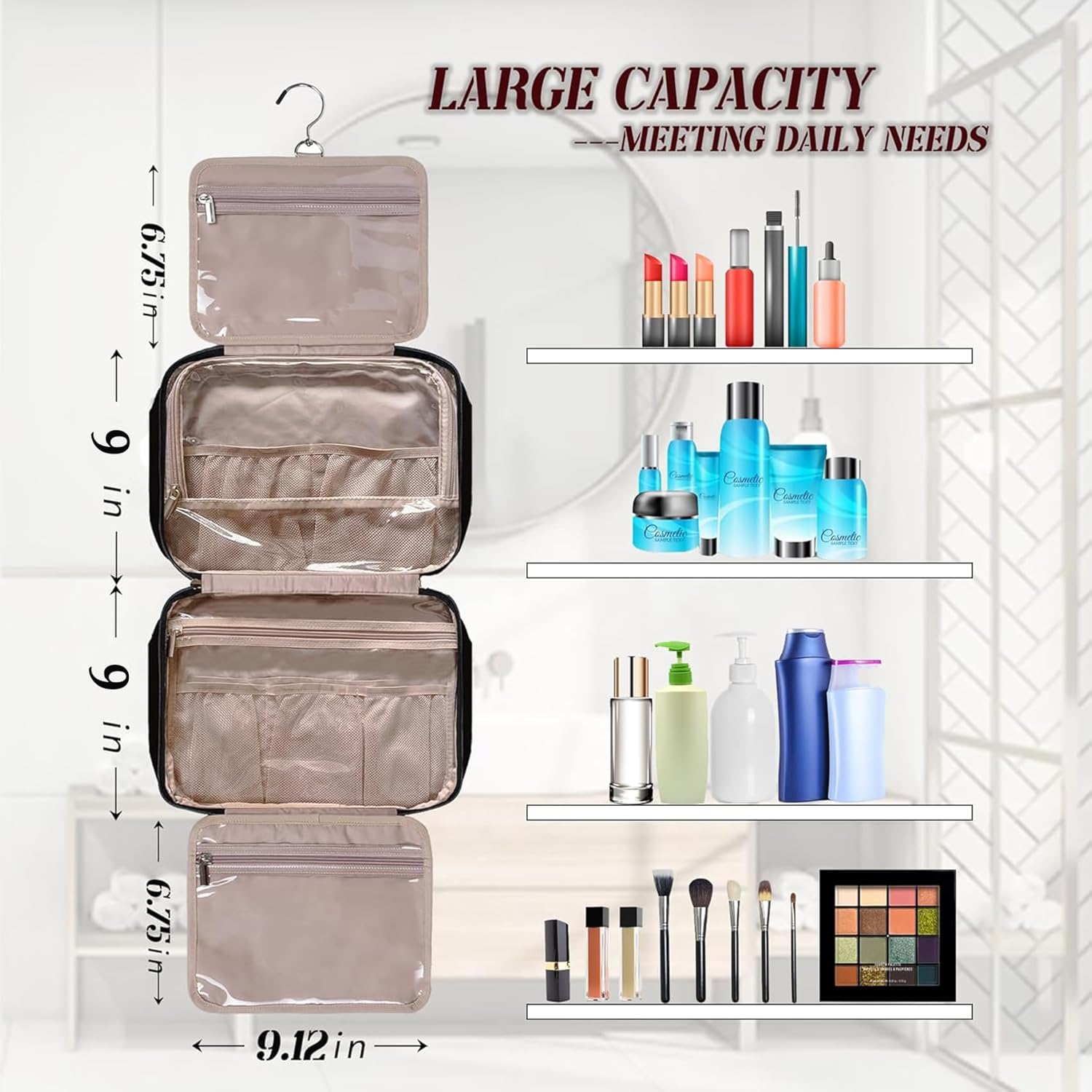 BAFAMYE Neceser de viaje para mujer, resistente al agua, bolsa de cosméticos para maquillaje, contenedor de tamaño completo con gancho para colgar