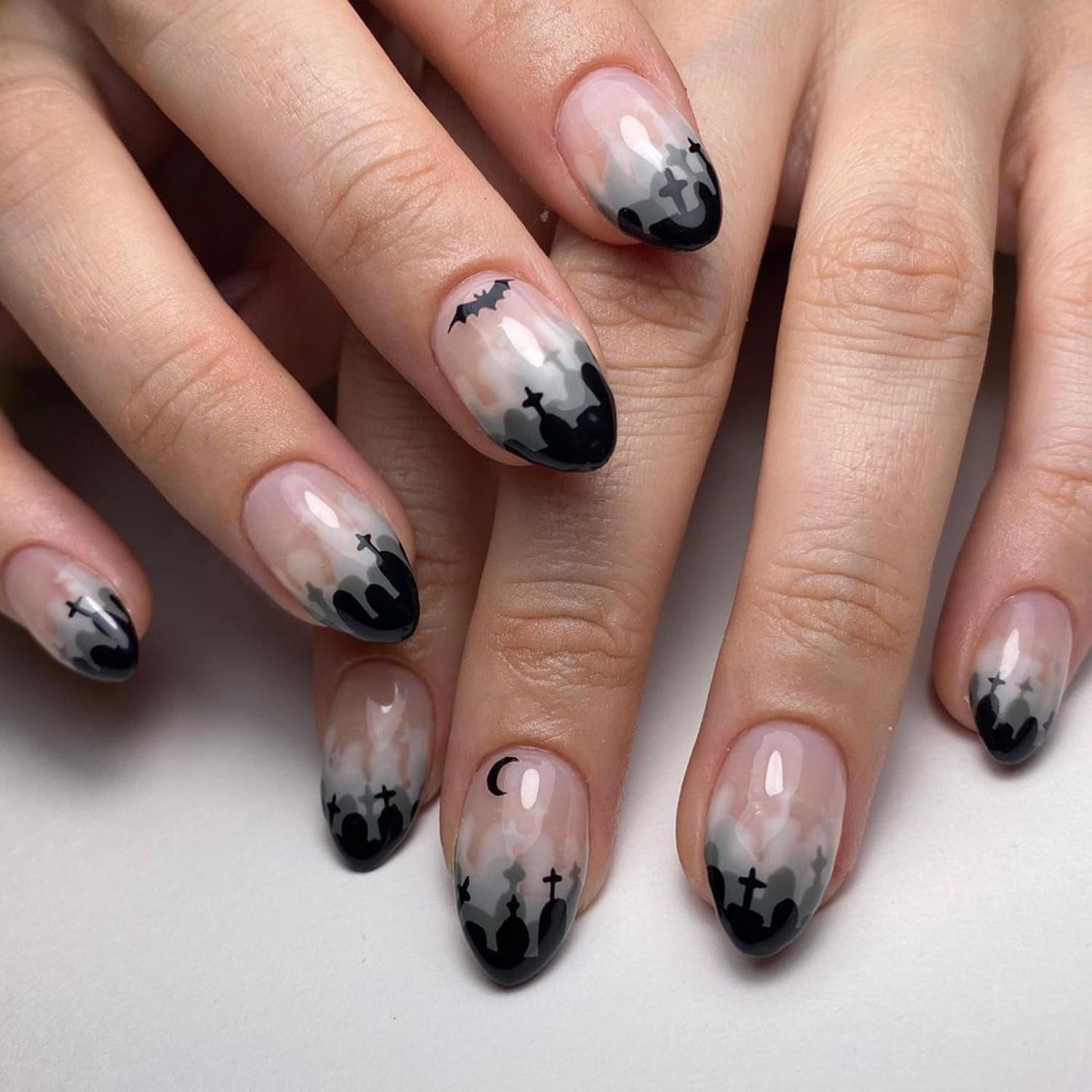 Uñas postizas a presión para Halloween, color negro, uñas postizas a presión, color negro, almendra, cobertura completa, pegamento de uñas postizas