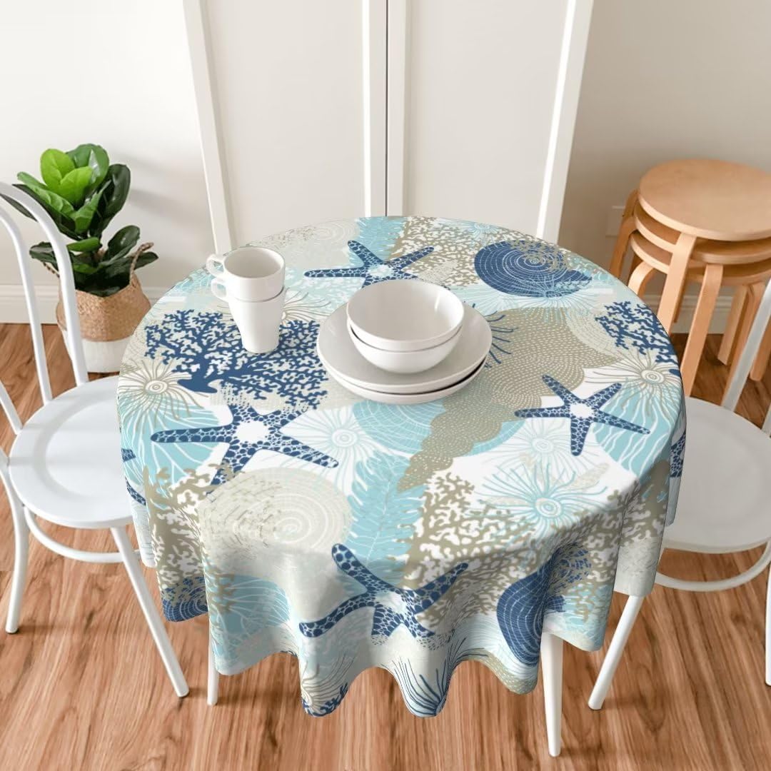 BETGINY Mantel costero redondo de 70 pulgadas, impermeable, náutico, playa, estrella de mar, coral, conchas marinas, mantel decorativo para picnic,