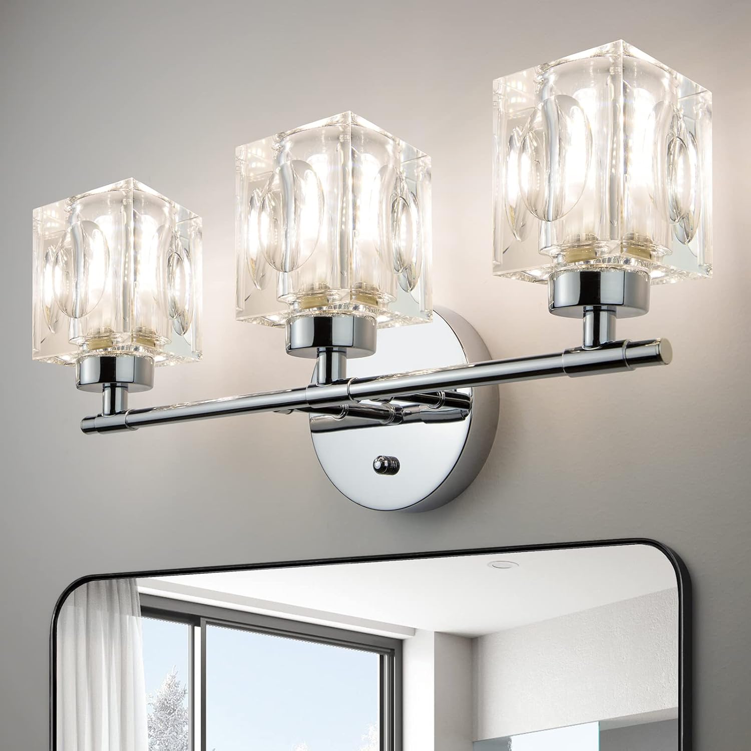CT CAPETRONIX Lámparas de baño de 3 luces, luces de tocador de cristal de 16 pulgadas, lámpara cromada sobre espejo, para baño, dormitorio, sala de