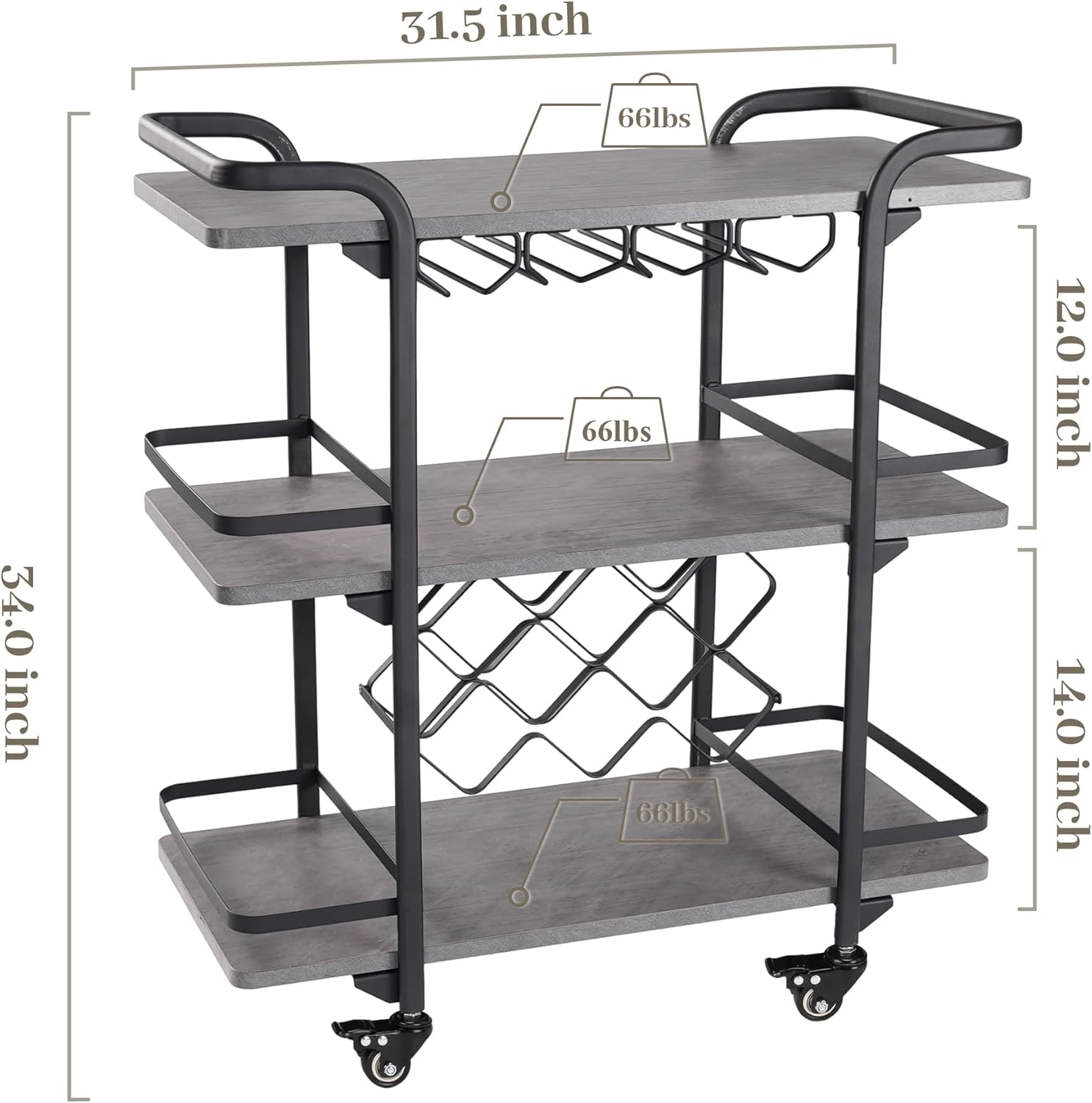 Jubao Carrito de barra de 3 niveles para el hogar, móvil con soportes para vidrio y 8 estantes de almacenamiento de vino, carrito de cocina para