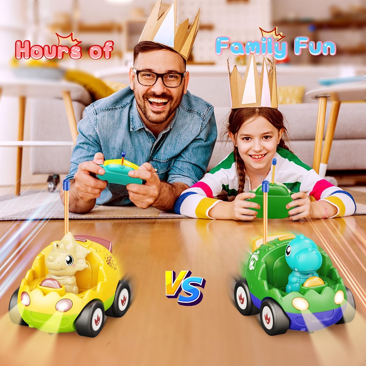 Paquete de 2 autos a control remoto para niños de 2, 3, 4, 5 años, juguetes de dinosaurios para niños pequeños con música, luces y efecto de sonido,