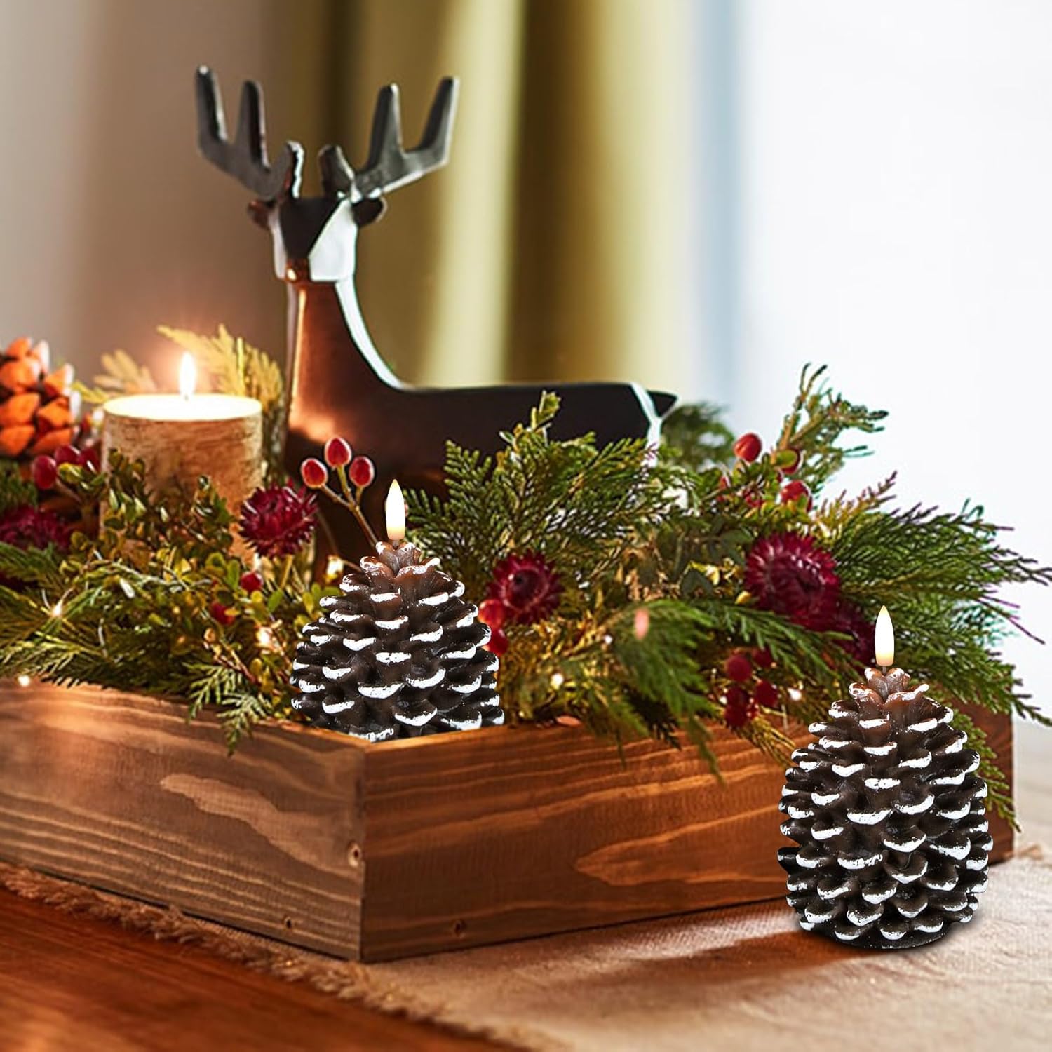Wondise Velas sin llama con temporizador, funciona con pilas, con mecha 3D, velas de cono de pino de cera real para decoración de interiores de