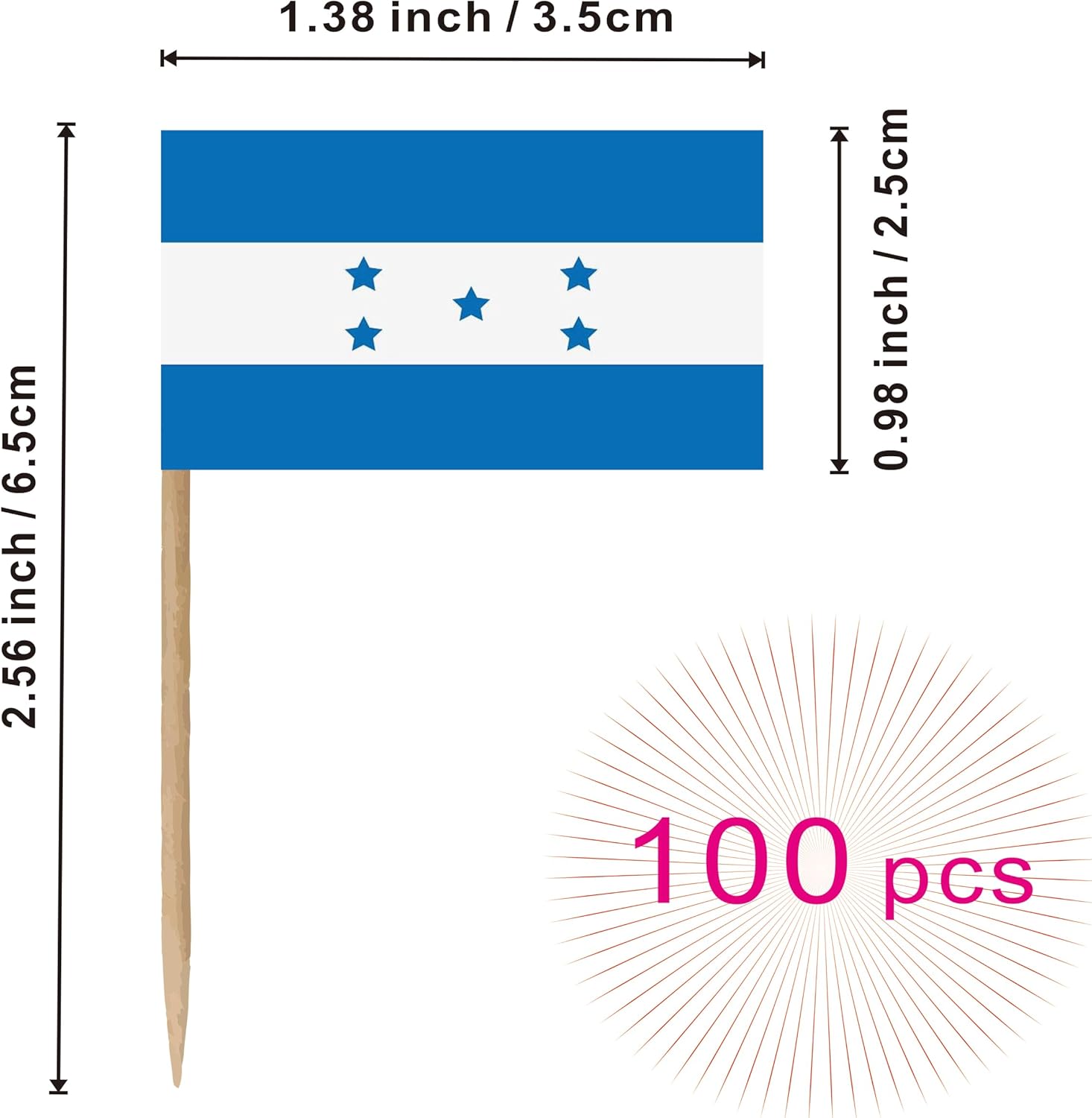Bandera de Honduras con palillo de dientes hondureño, pequeño, para cóctel, fruta, cupcakes, decoración de palitos de alimentos, paquete de 100