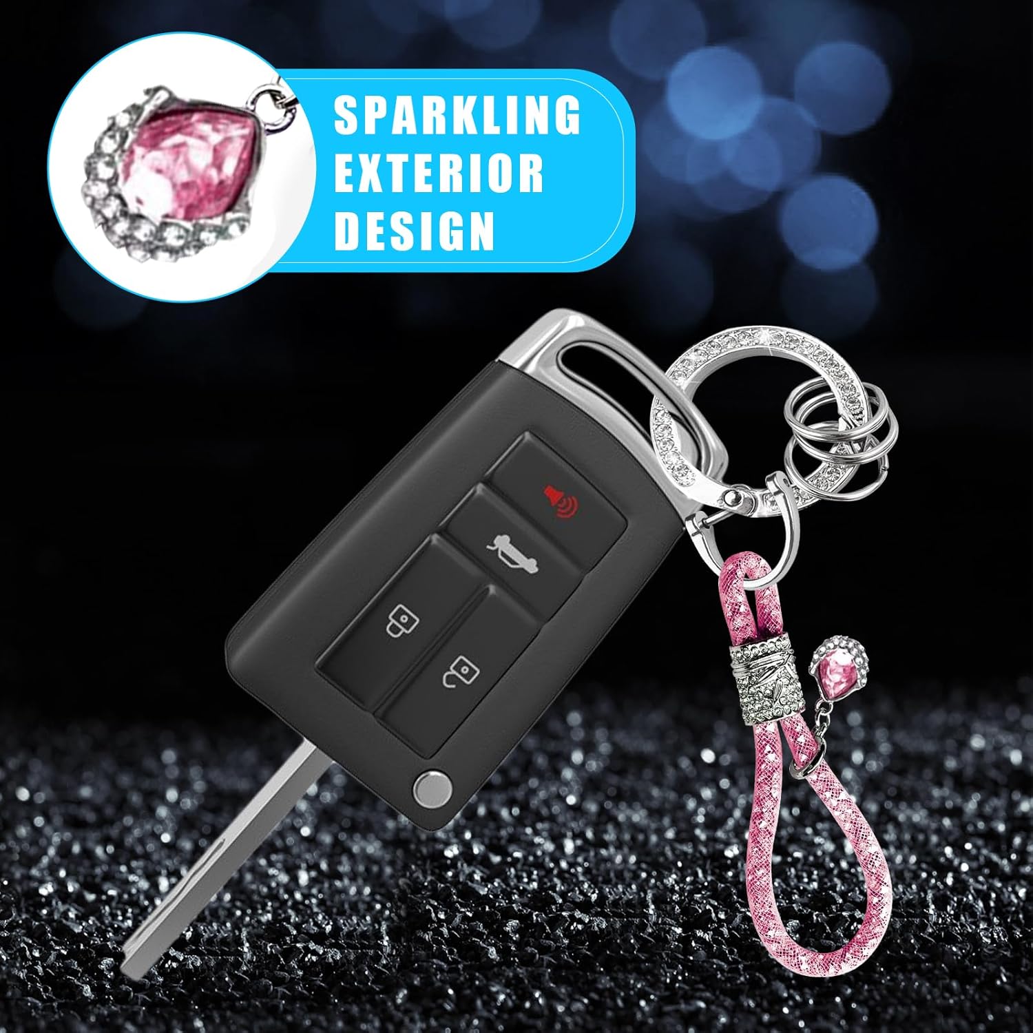 Llavero de cristal brillante para mujeres y niñas, llavero de automóvil con purpurina, accesorios universales para llavero (rosa)