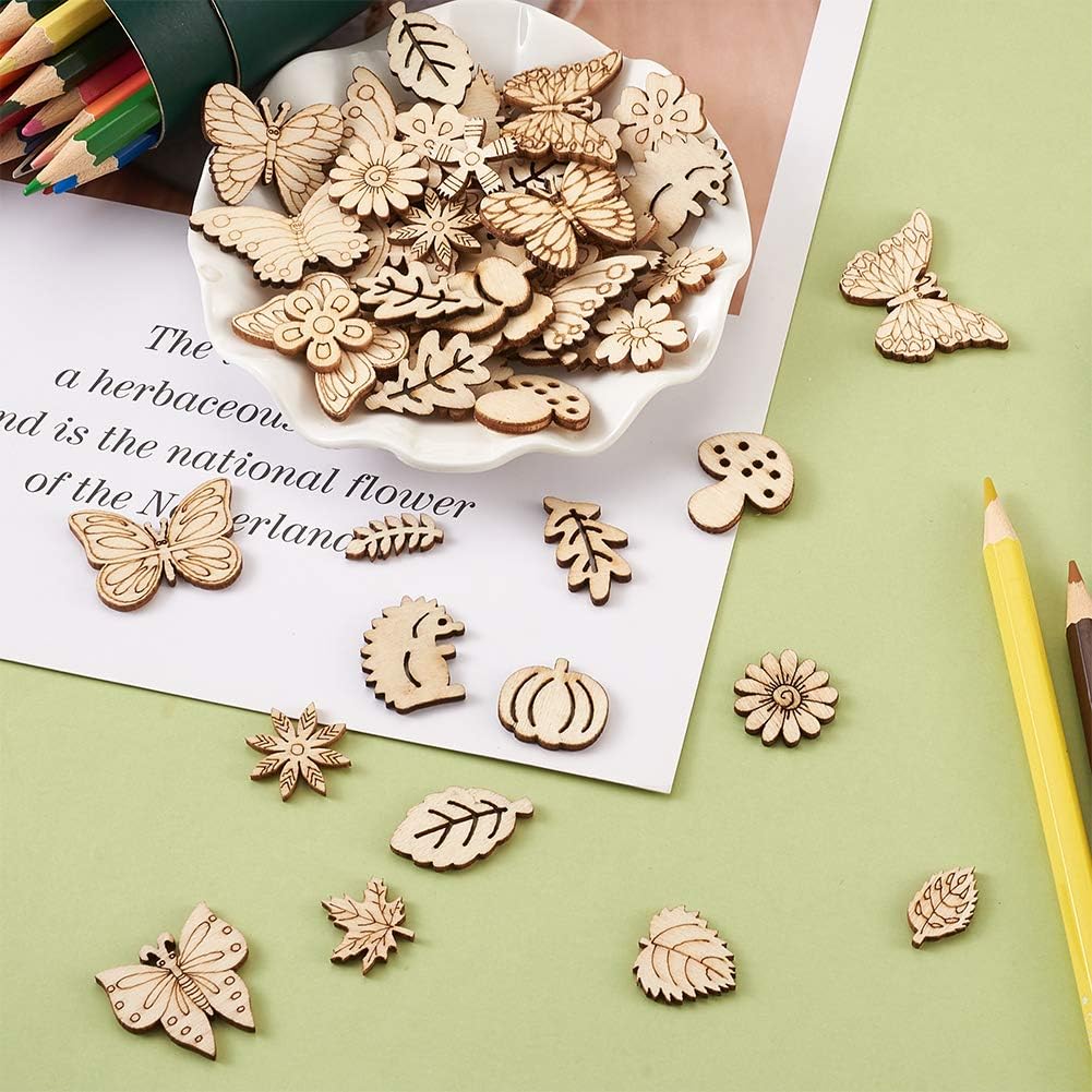 Elecrelive – 300 piezas de recortes de madera sin acabar, hojas de flores, mariposas, pequeñas piezas de madera en blanco, adornos colgantes para