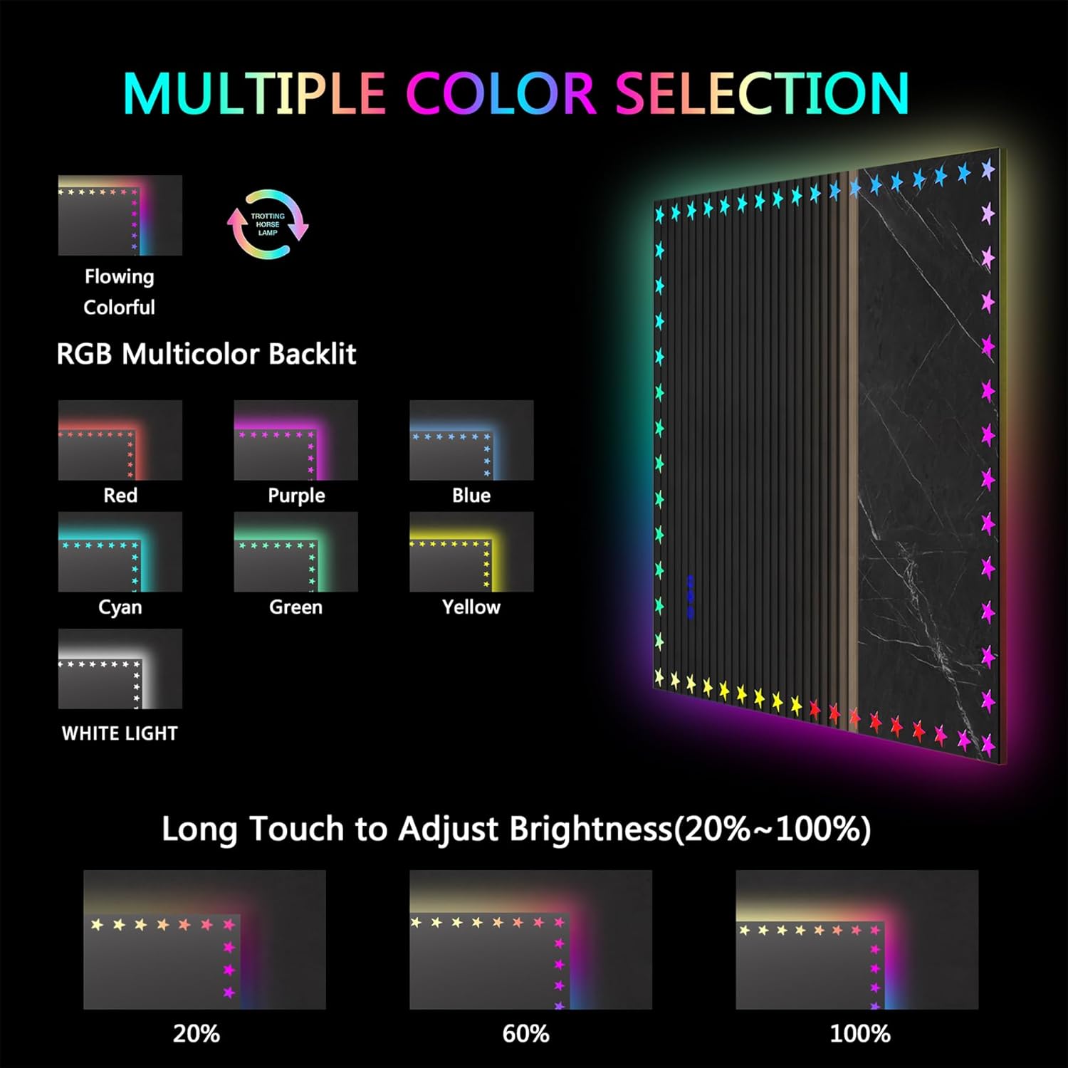 Espejo de baño LED de 40 x 32 pulgadas con luces RGB retroiluminadas antivaho a prueba de roturas, impermeable, regulable, espejo de tocador LED con