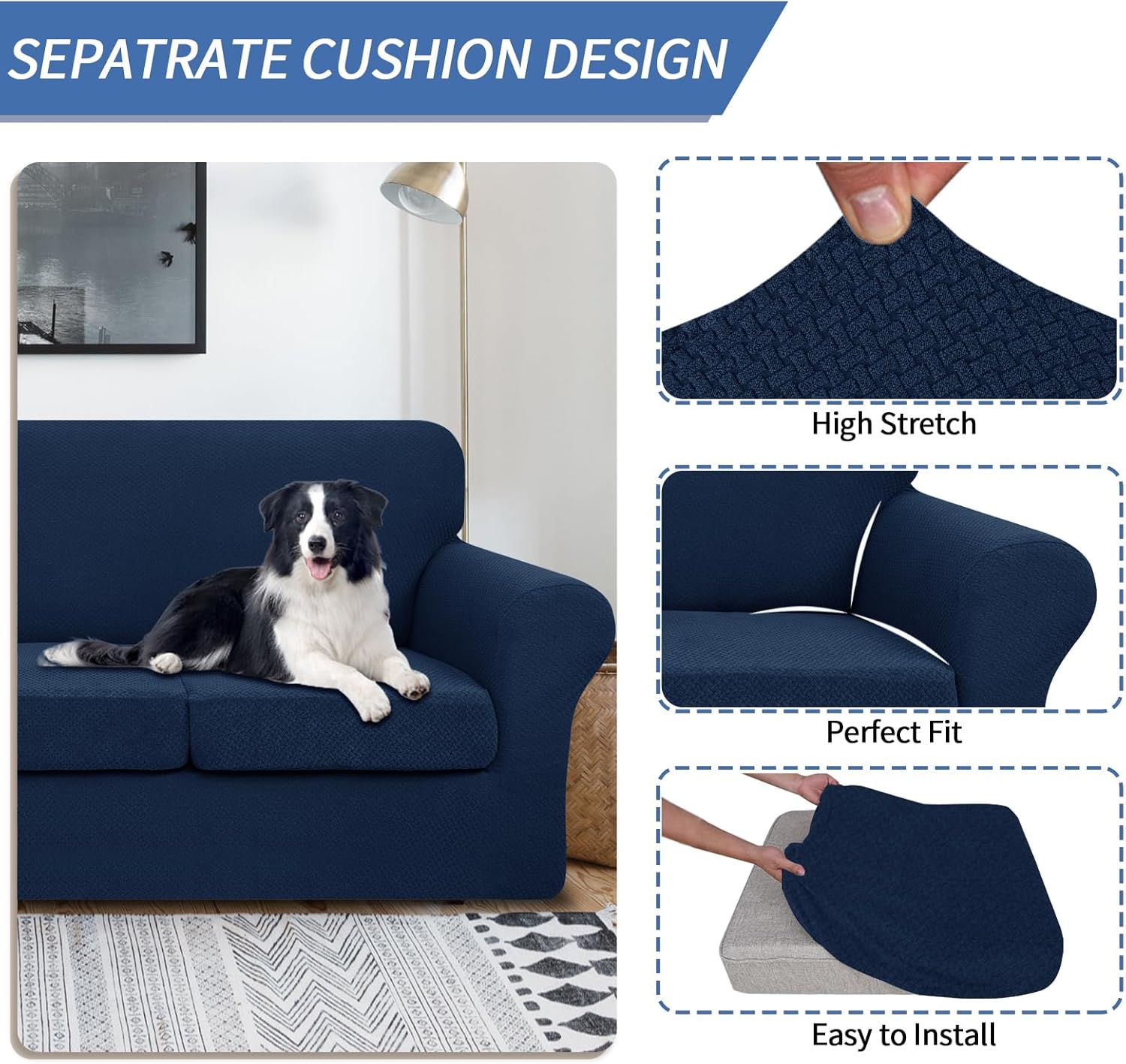 Jiviner Fundas para sofá, 4 fundas elásticas para el sofá de 3 cuerpos, con 3 fundas para cojín, gruesas y ajustables, protector de muebles para los