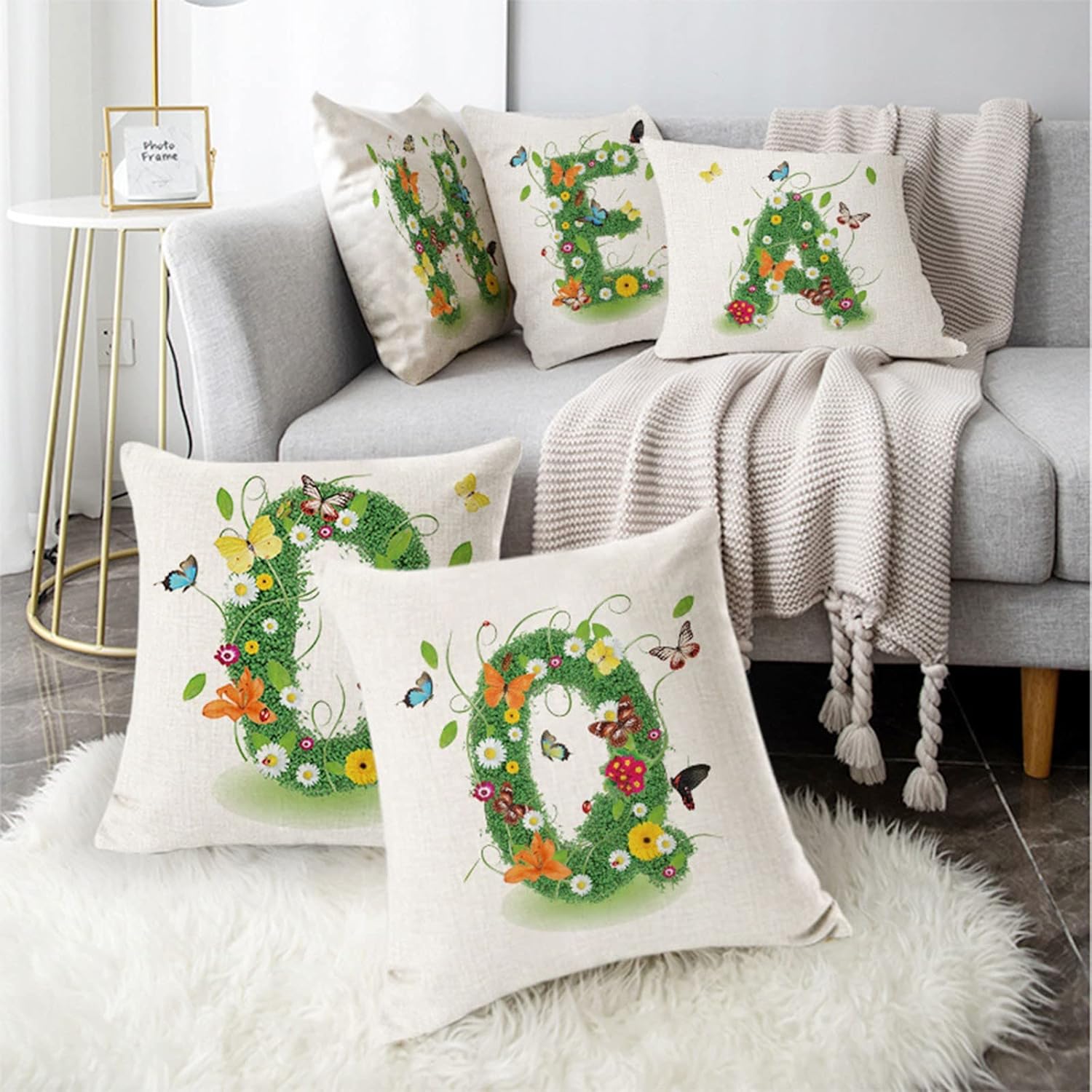 Fundas de almohada de 18 x 18 pulgadas, fundas de almohada de verano para exteriores, diseño de pétalos de hierba, monograma, letras del alfabeto